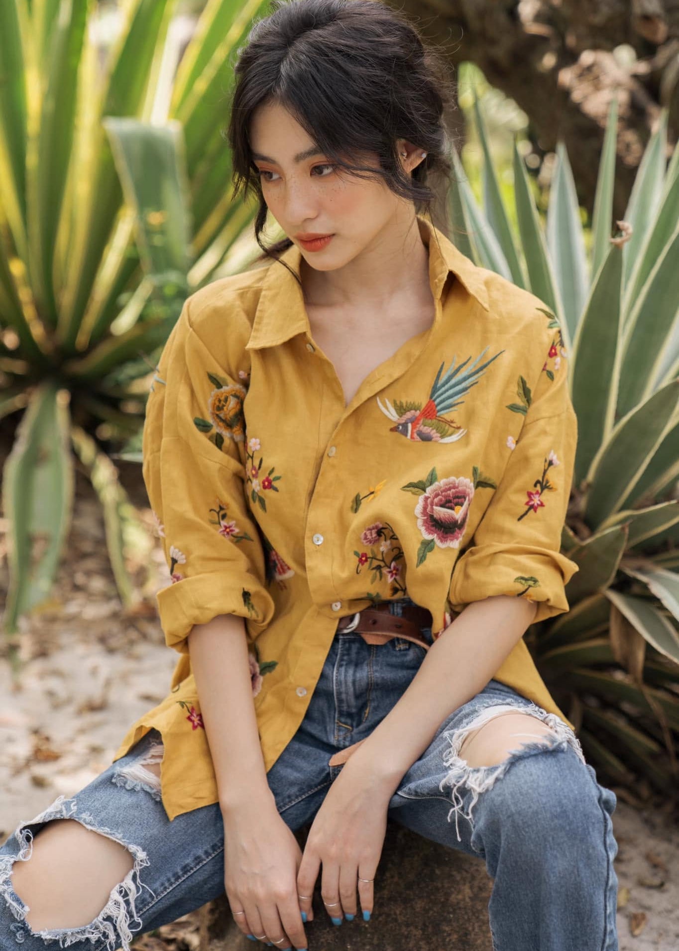 "Aurelia" – Premium Embroidered Linen Shirt in Golden Ochre