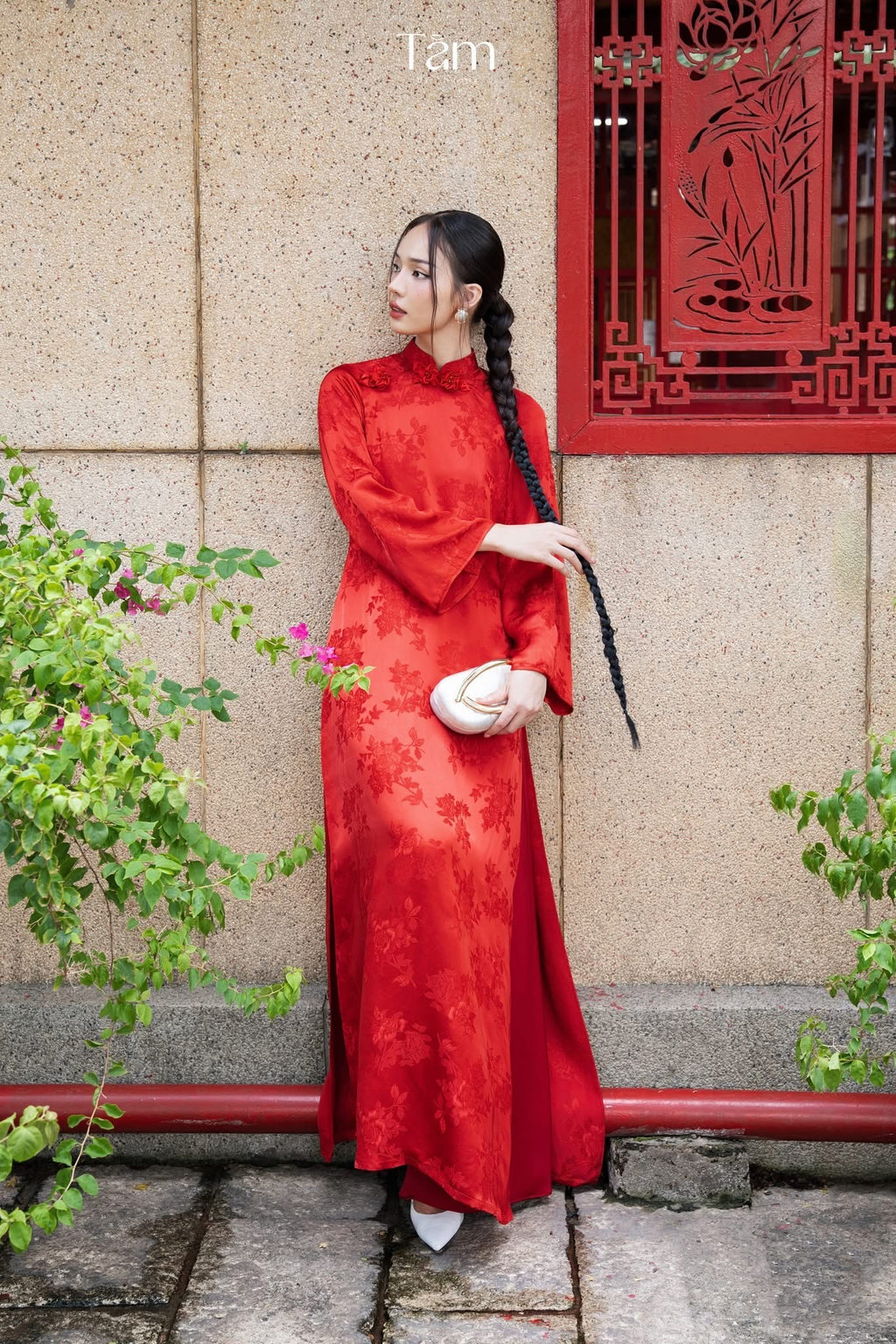 Vietnamese Ao Dai - Luu Ly Ao-dai Set - Embellished Hangzhou silk - front view in brocade in red by Tam