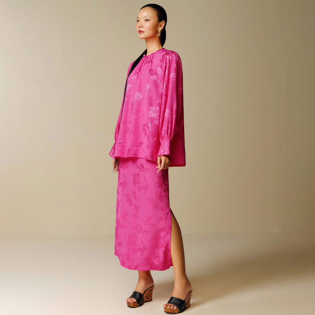 Vietnamese Ao Dai - Dong - Premium Jacquard silk Set in Blooming Fuschia - side profile in pink by Nam Phuong Y