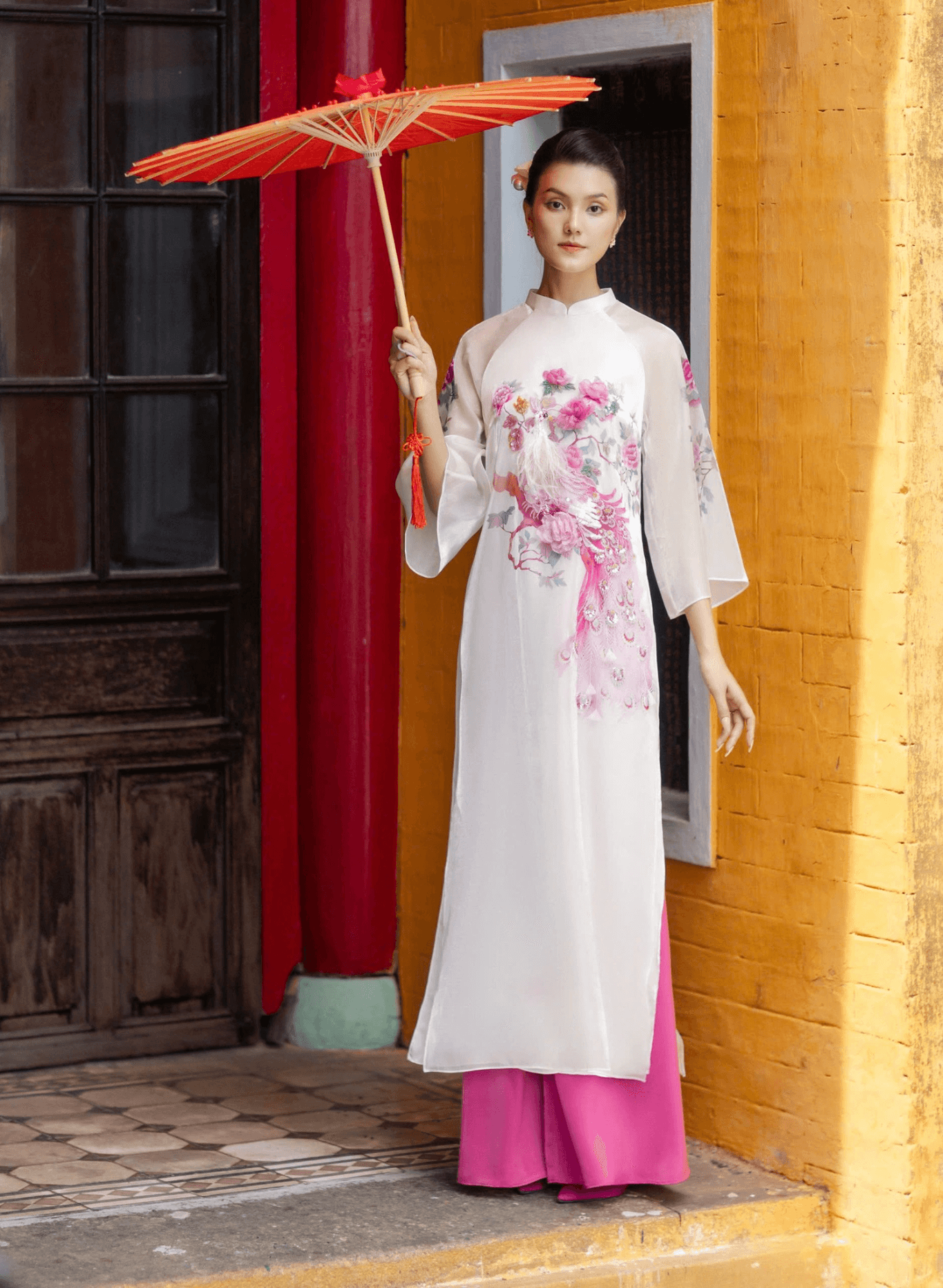 "Hong Loan luxury white Ao Dai set with red silk embroidery, traditional Vietnamese dress by Lalin"