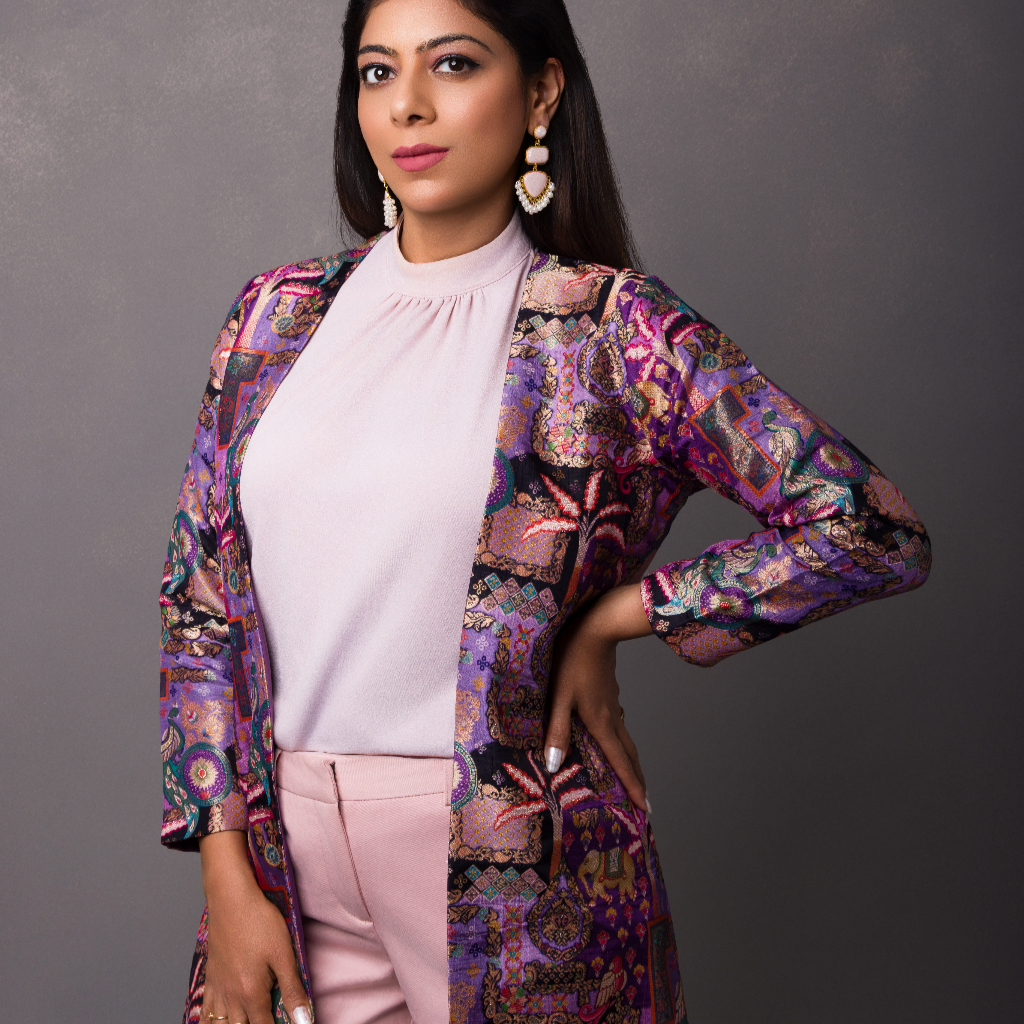 Traditional Motif - Ratna - Royal Brocade Silk Coat in Amethyst - front view in purple by Indian Heritage