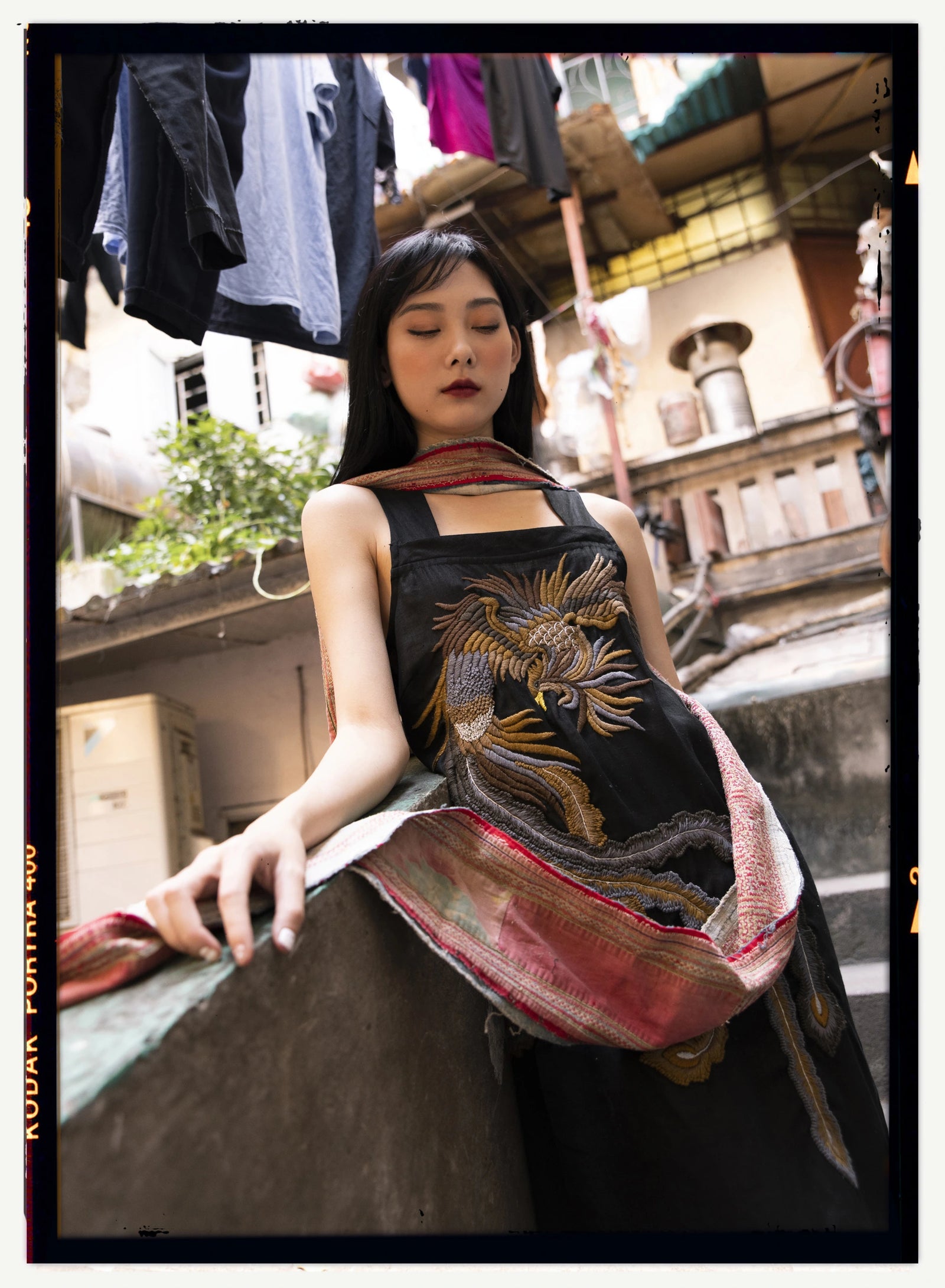 Vietnamese Embroidery - “Phoenix Aria” Embroidered Linen Dress - styled presentation in silk in black by Huulala