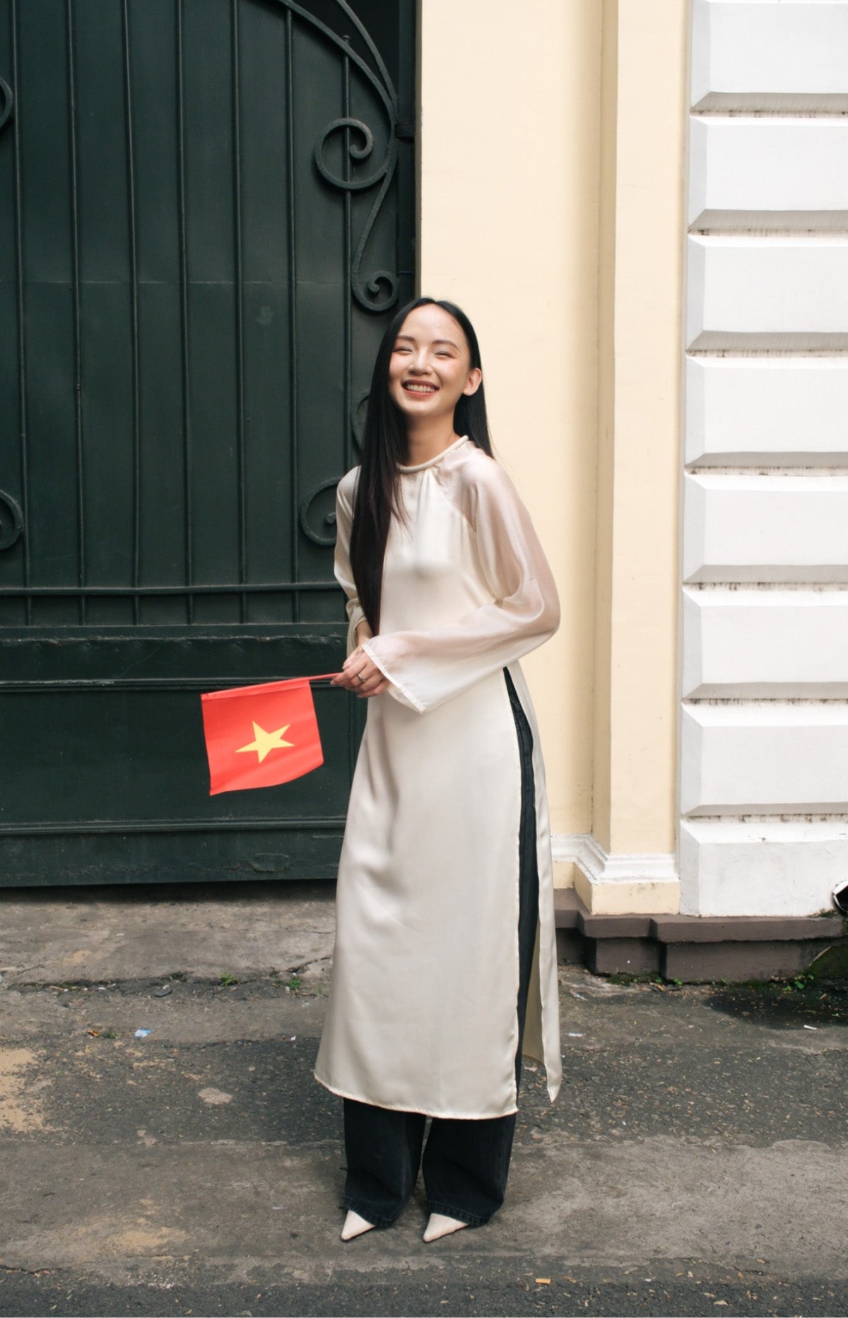 "Tinh Hop Asymmetric Ao Dai Set in ivory silk and organza, traditional Vietnamese dress"