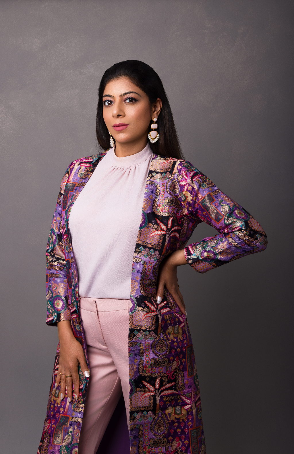 Traditional Motif - Ratna - Royal Brocade Silk Coat in Amethyst - front view in purple by Indian Heritage