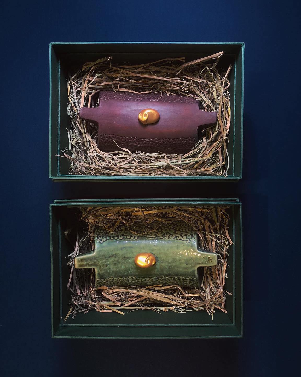 “Nhàn Ngưu” – Tranquil Buffalo Lacquer Sculpture - flat lay display by Lam Phong Pottery