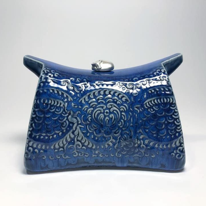 Traditional Pattern - “Nhàn Ngưu” – Tranquil Buffalo Lacquer Sculpture - front view in blue by Lam Phong Pottery