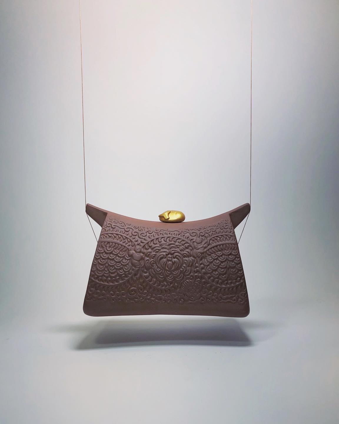 Traditional Pattern - “Nhàn Ngưu” – Tranquil Buffalo Lacquer Sculpture - front view in brown by Lam Phong Pottery