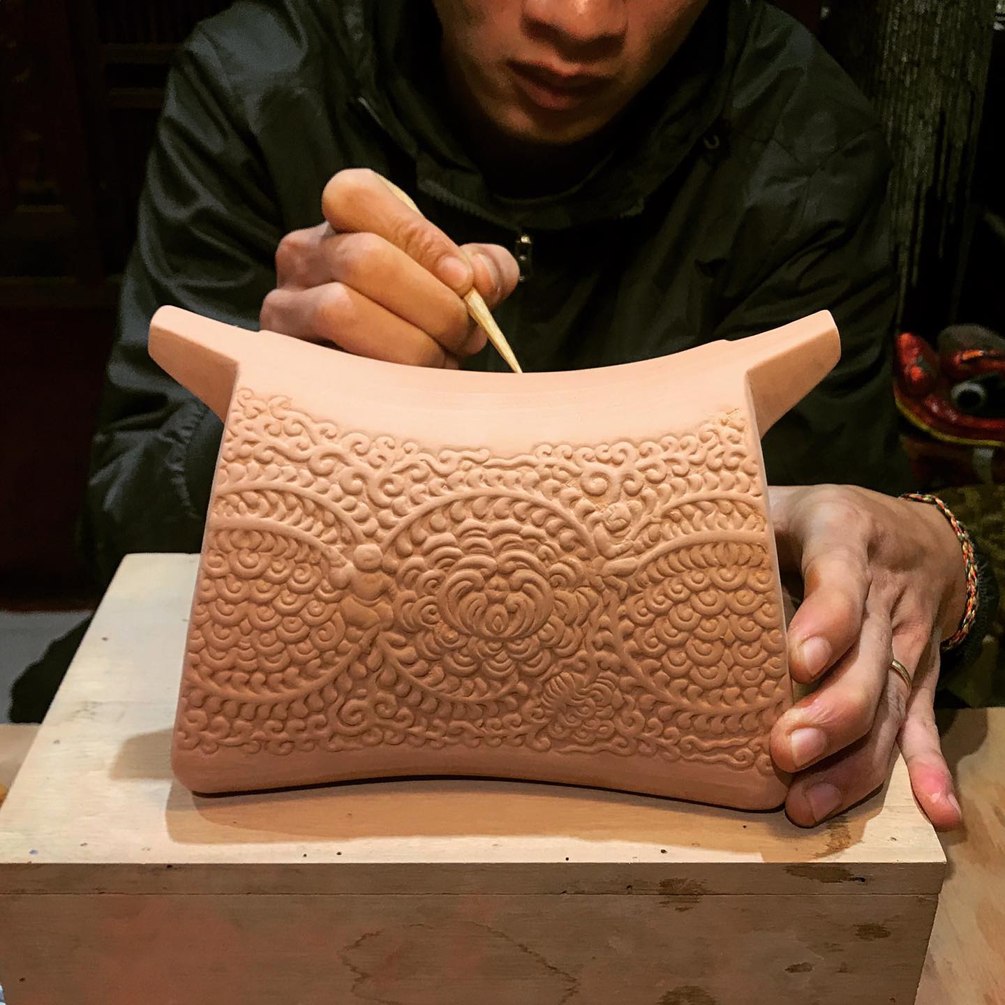Traditional Pattern - “Nhàn Ngưu” – Tranquil Buffalo Lacquer Sculpture - detail close-up in beige by Lam Phong Pottery