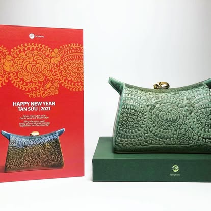 Vietnamese Lacquer - “Nhàn Ngưu” – Tranquil Buffalo Lacquer Sculpture - flat lay display in green by Lam Phong Pottery