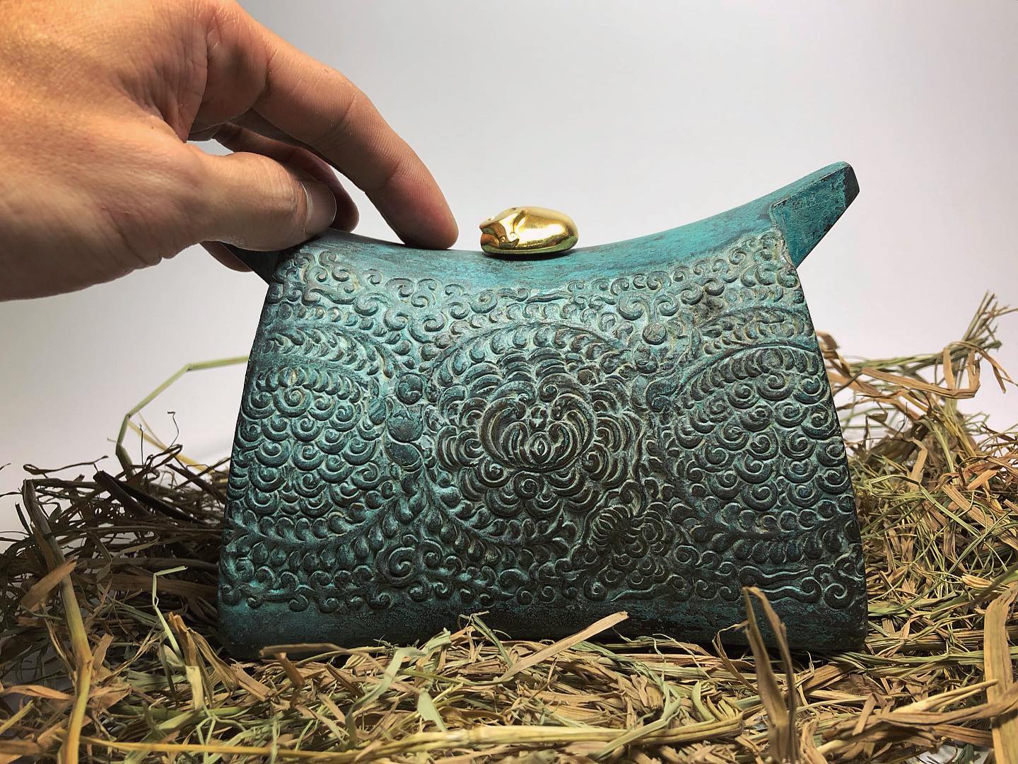 Vietnamese Lacquer - “Nhàn Ngưu” – Tranquil Buffalo Lacquer Sculpture - front view in blue-green by Lam Phong Pottery