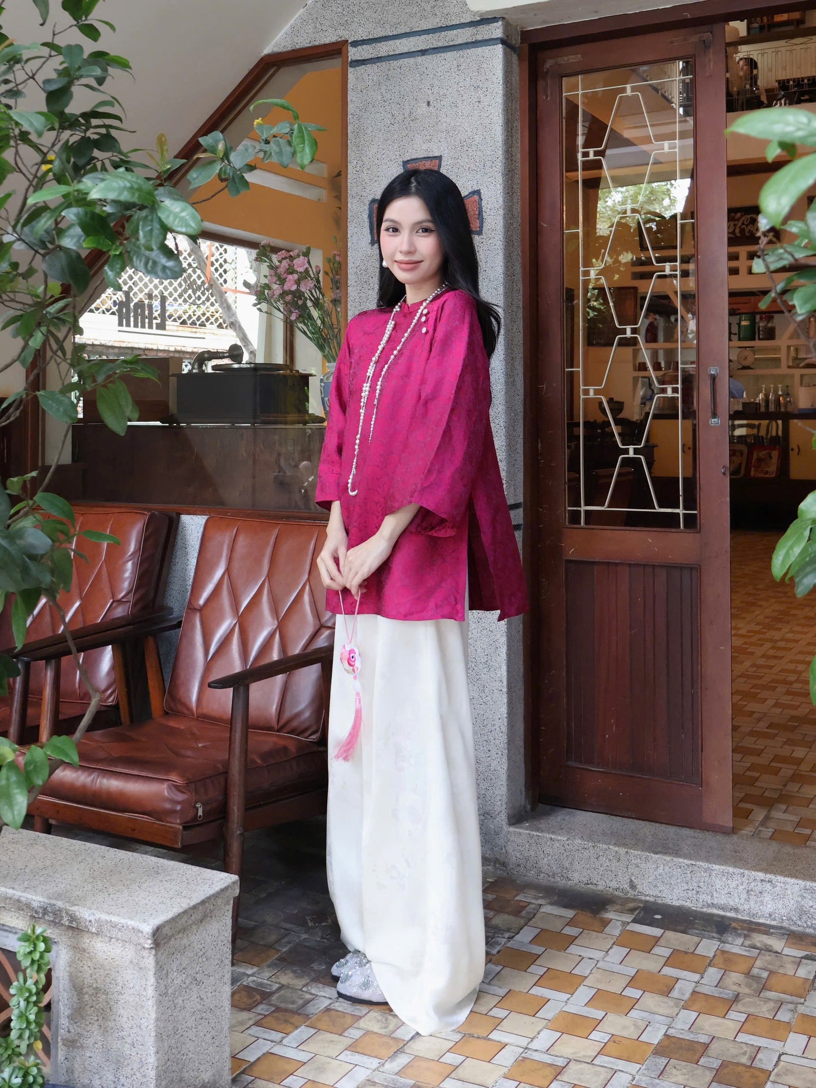 "Tra My" - Mandarin-neck Top - Natural wormsilk in Deep Magenta