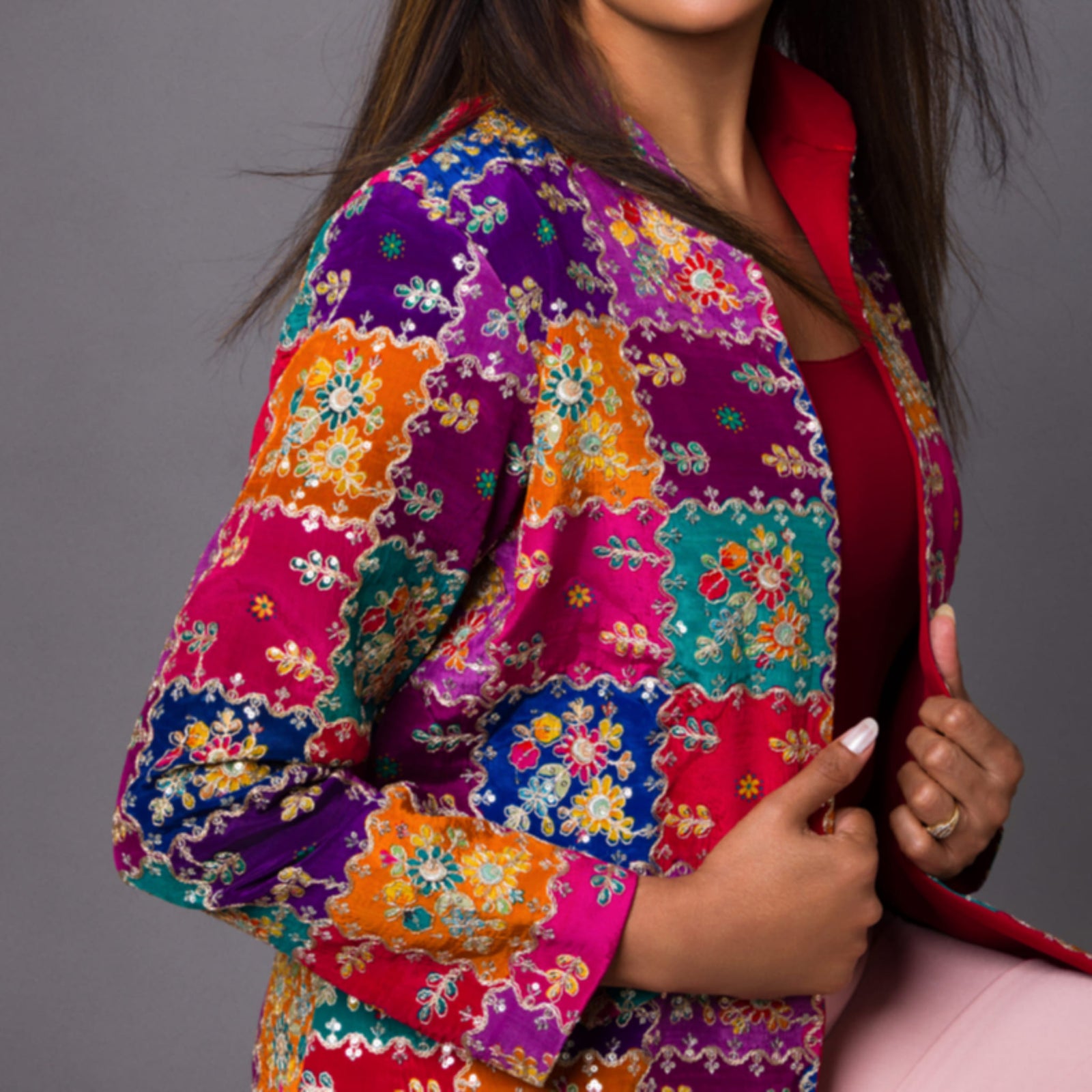 Rangoli - Heritage Celebration Silk Jacket in Festival Bright - detail close-up by Indian Heritage