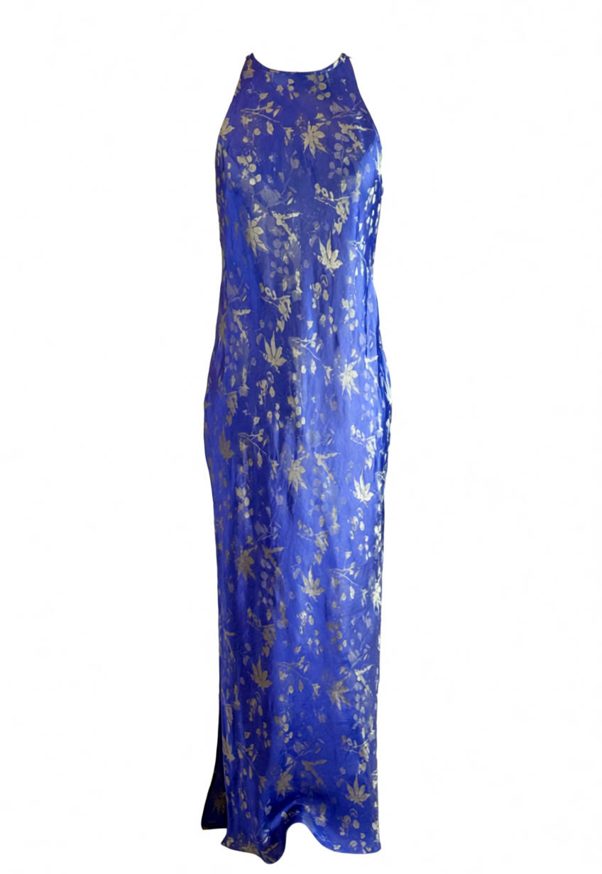 Traditional Motif - Radiance in Silk Slip Dress - front view in blue by Lo Boutique