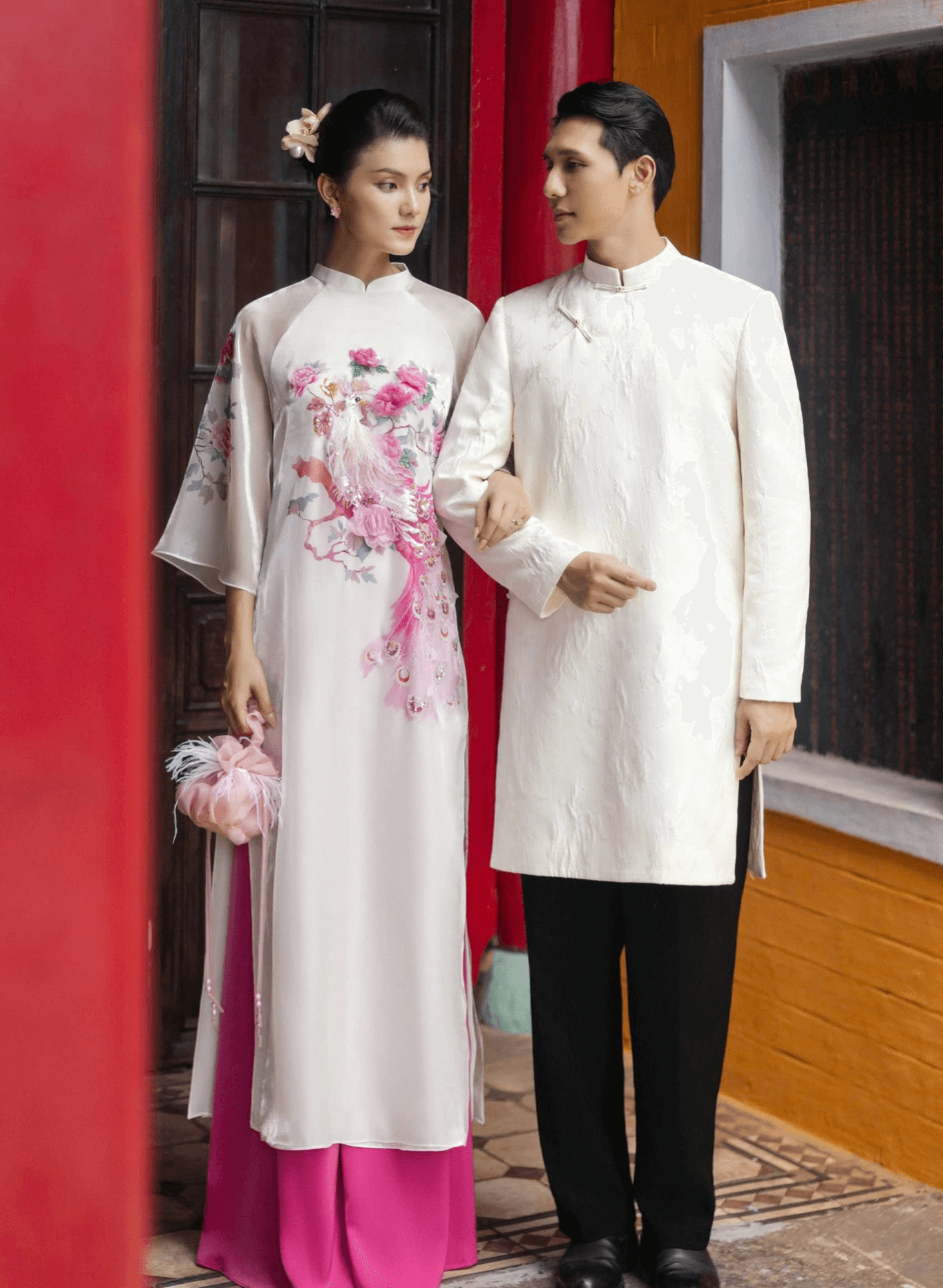 "Lalin's 'Hong Loan' luxury white Ao Dai set with red silk embroidery, traditional Vietnamese design."