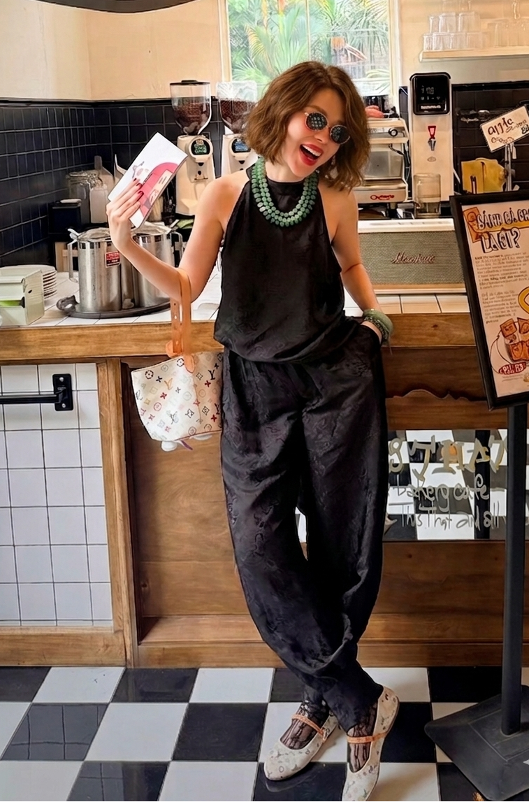 Silk Pattern - “Noir Ease” – Wormsilk Halter Top & Balloon Trouser Set - styled presentation in black by Natasa