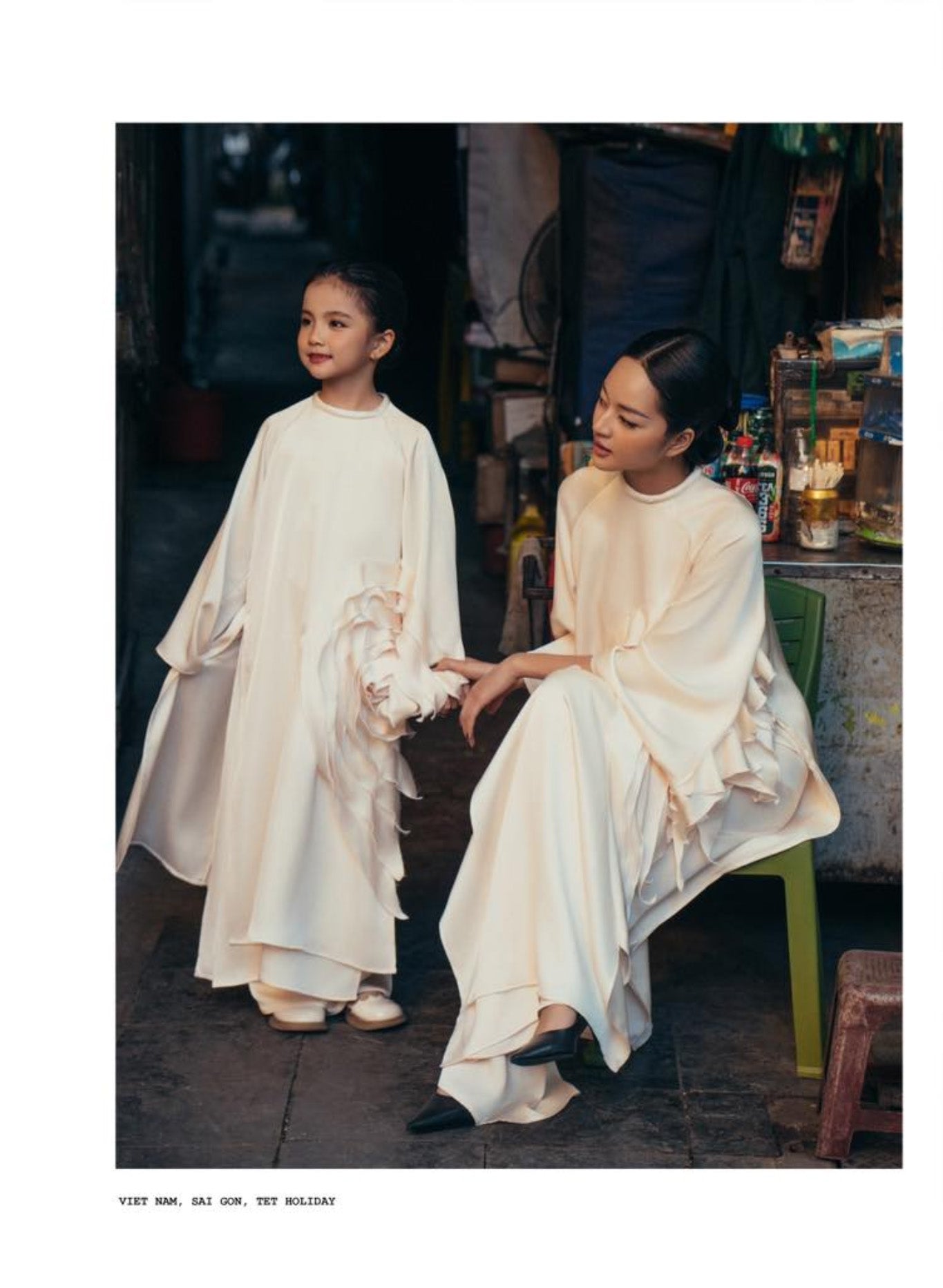 "Golden Splendor" Ao Dai set by Das Levine in cream silk with modern floral design, traditional Vietnamese dress.