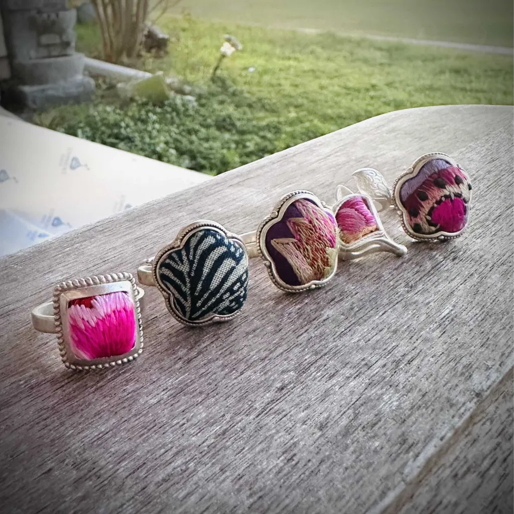 Midnight Bloom embroidered silk ring lifestyle shot