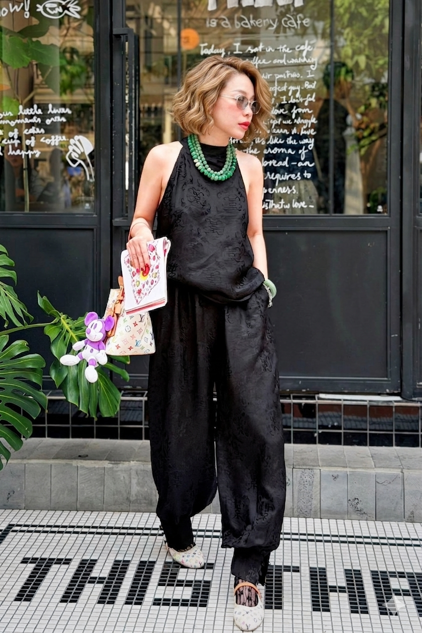 Silk Pattern - “Noir Ease” – Wormsilk Halter Top & Balloon Trouser Set - front view in black by Natasa