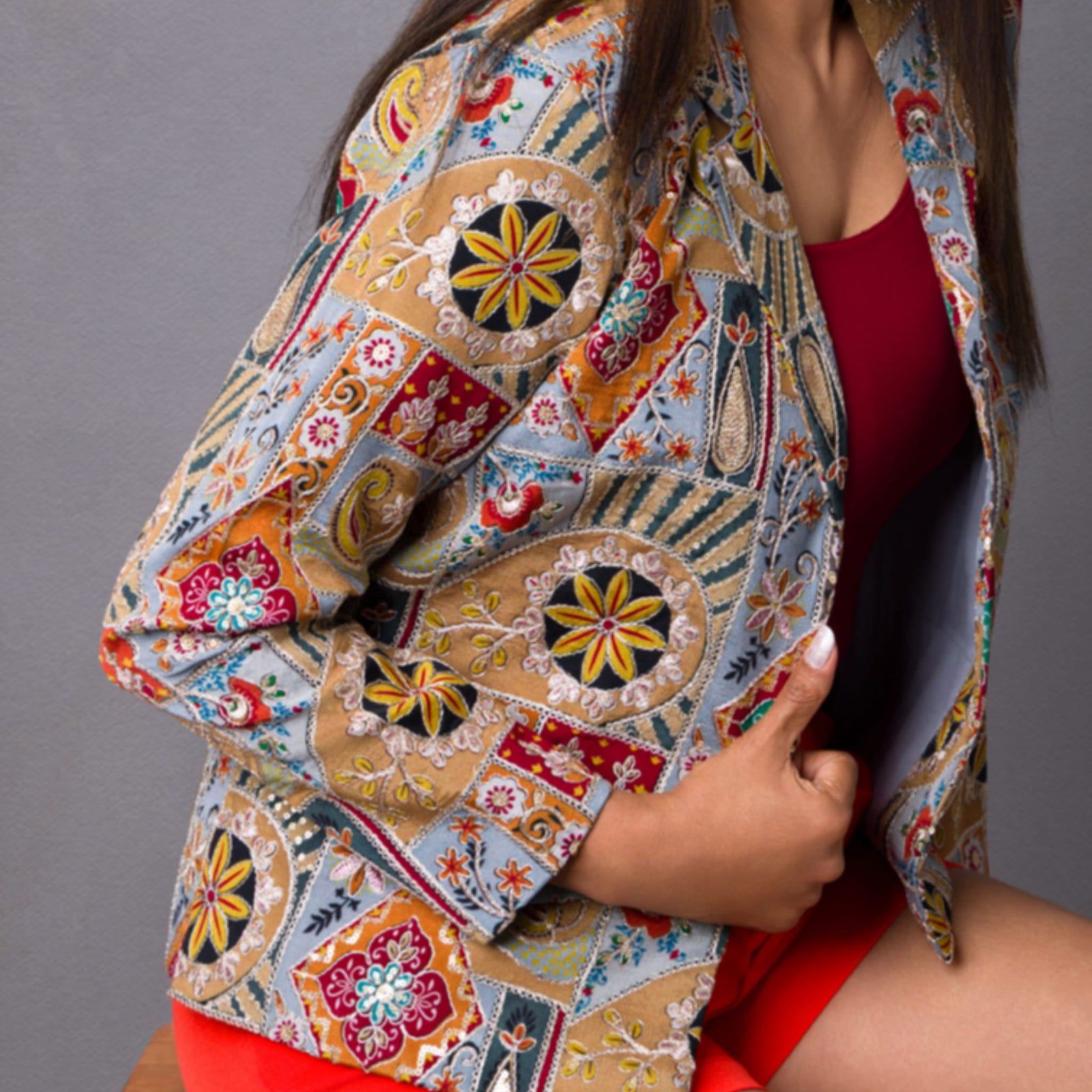 Mandala - Heritage Medallion Silk Jacket in Stone Neutral - detail close-up by Indian Heritage