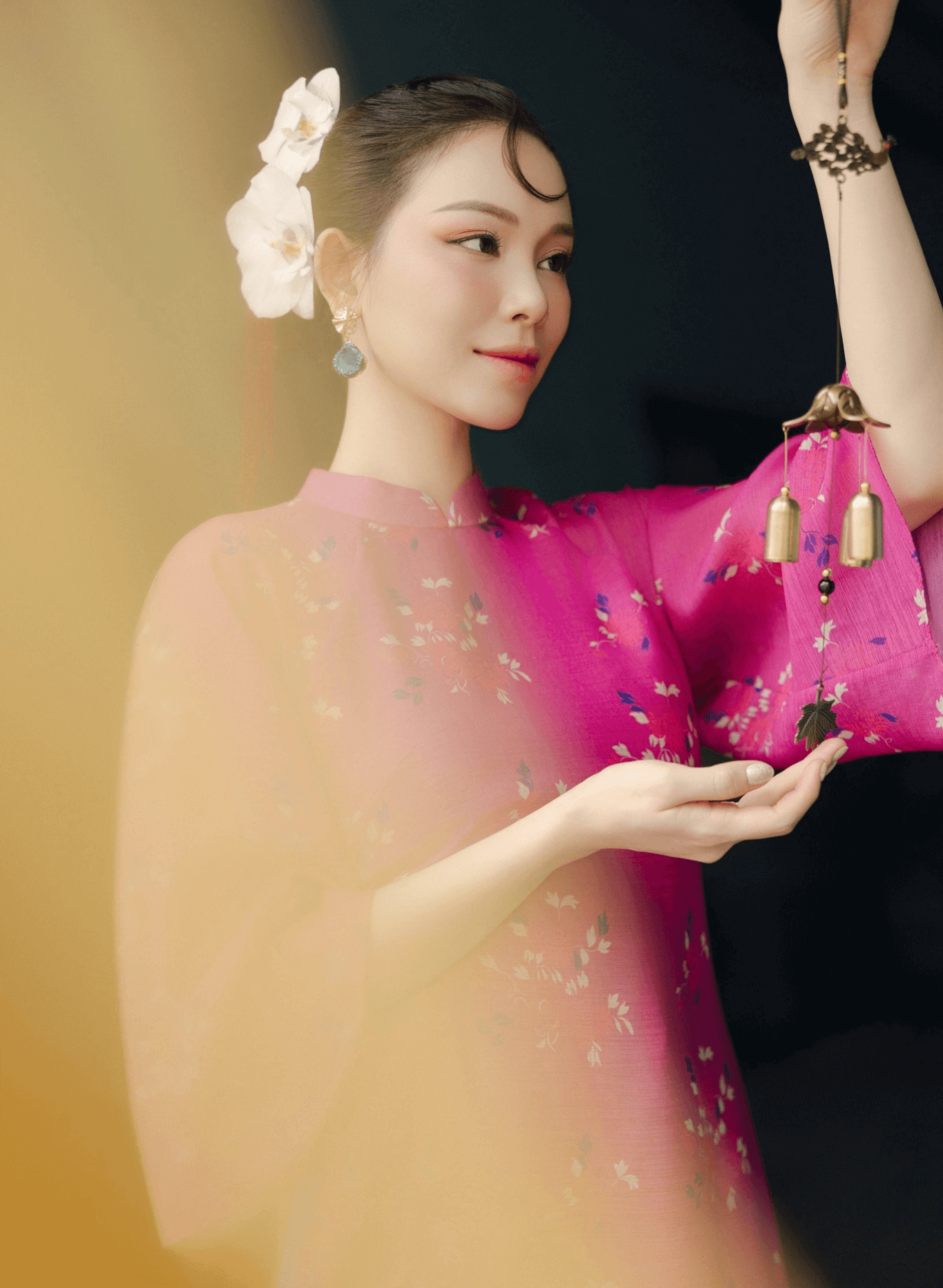 "Giang Chi Ao dai in magenta silk with floral pattern, traditional Vietnamese dress by Lalin."