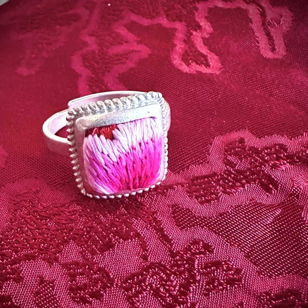 Spring Bloom handcrafted silk embroidered ring top view showing floral detail