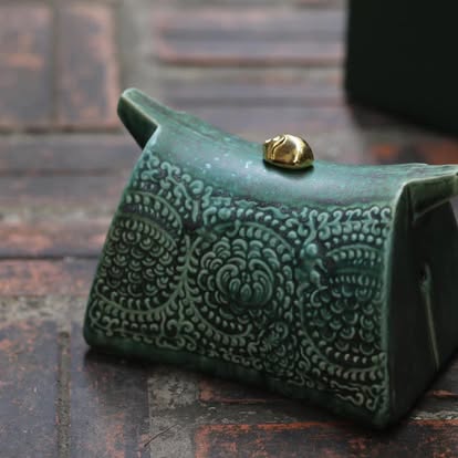 Traditional Pattern - “Nhàn Ngưu” – Tranquil Buffalo Lacquer Sculpture - front view in green by Lam Phong Pottery