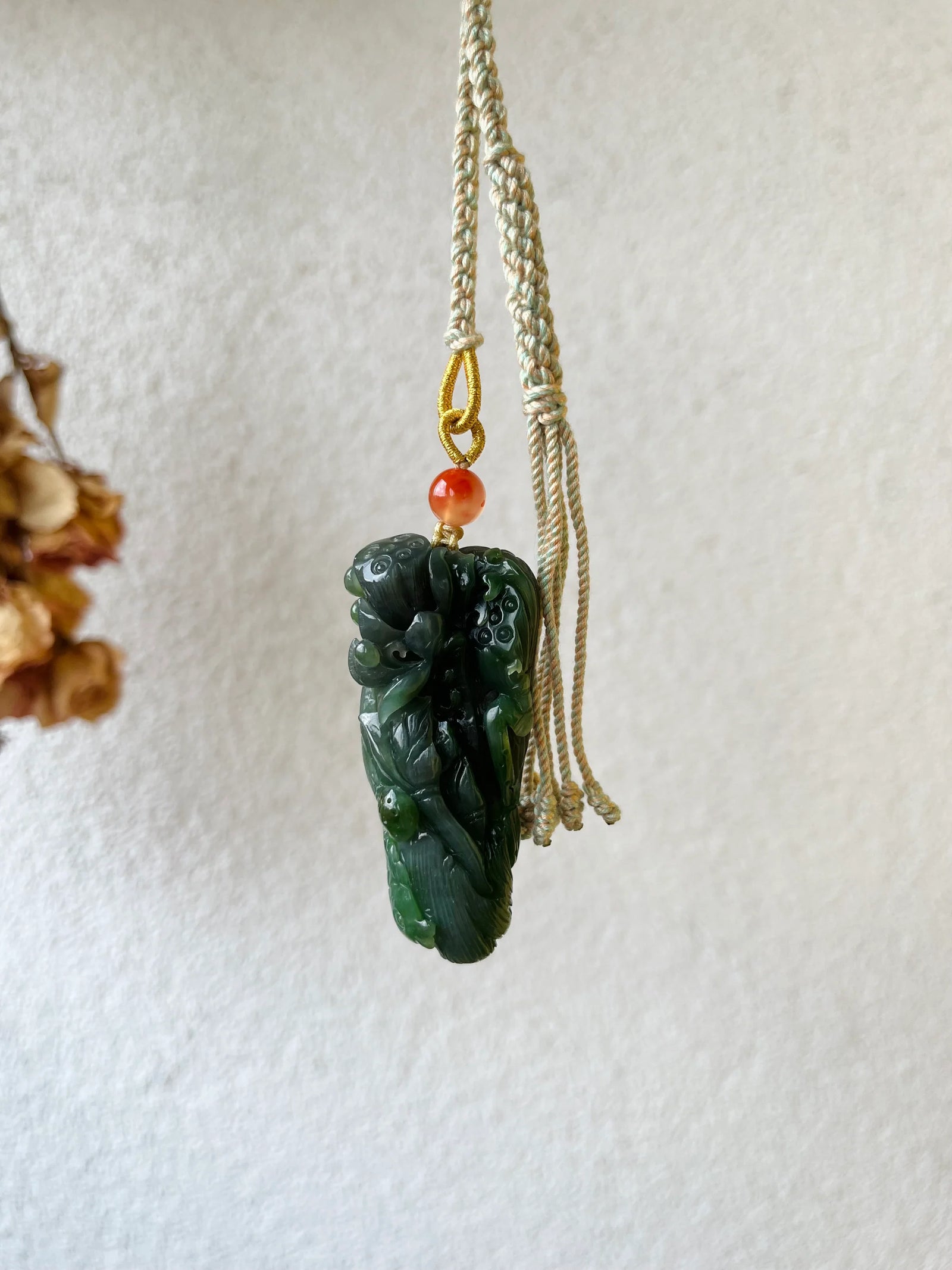 “Lotus Blessing ”- Hand Carved Green Hetian Jade Fish and Lotus Pendant, 手雕碧玉荷花鱼手把件 - detail close-up by L'Orient Haus