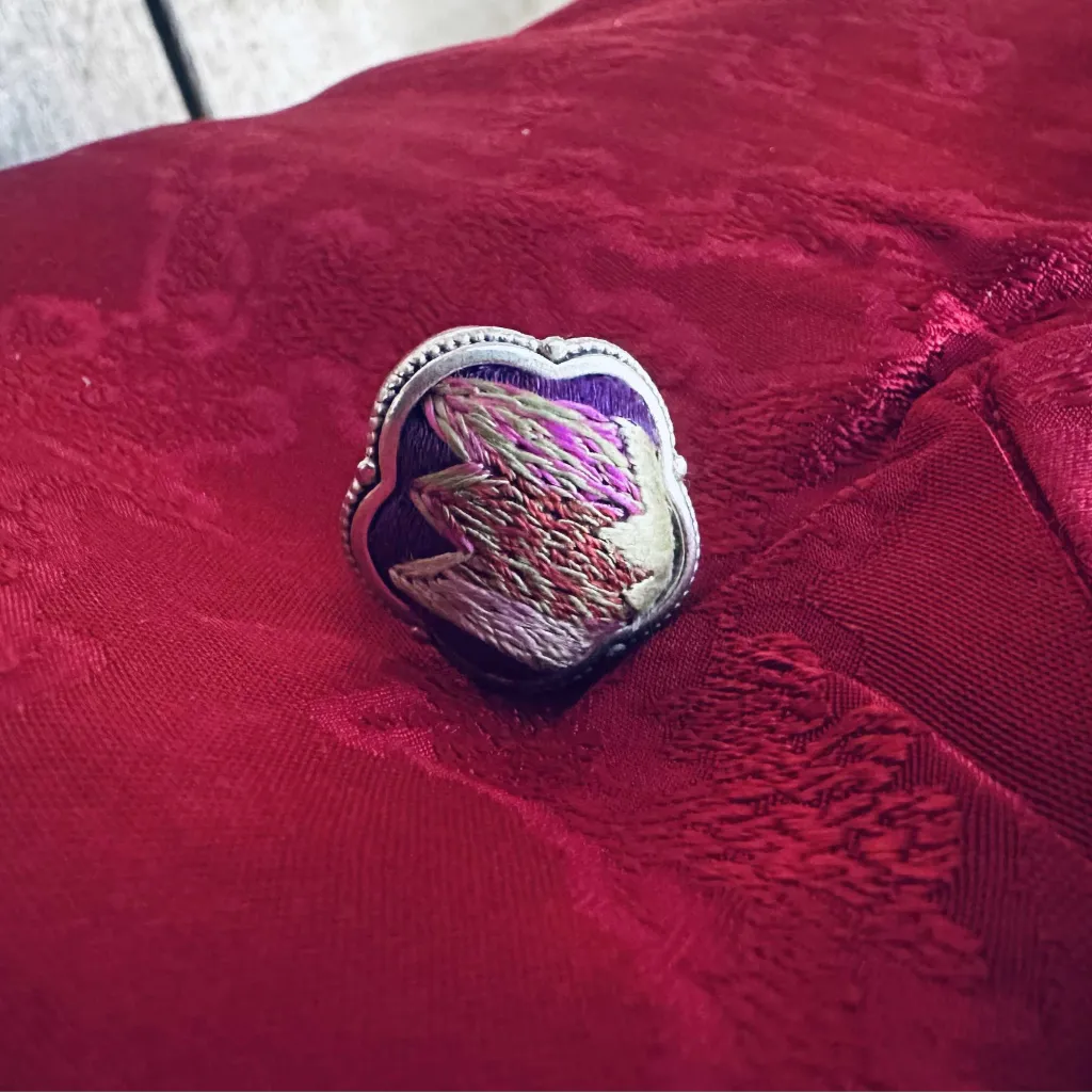 Petals handcrafted silk embroidered ring top view showing floral petal detail