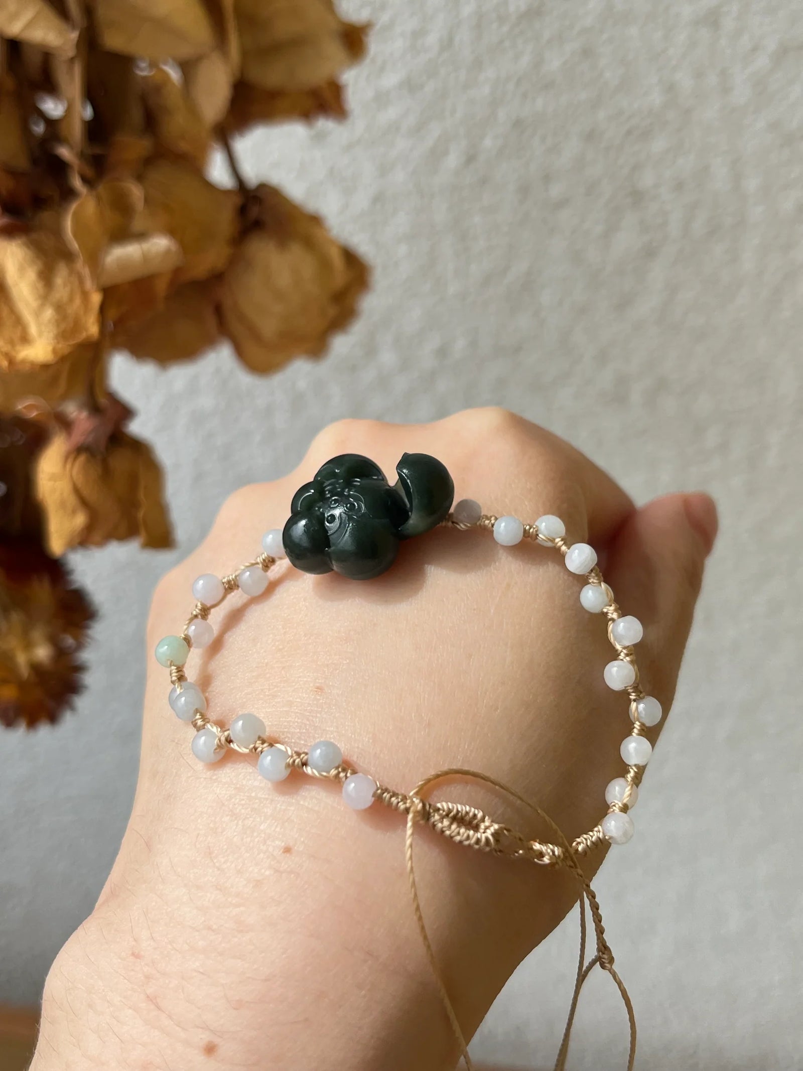 Lotus Noir - Handmade Bracelet with a Dark Cyan Hetian Jade Lotus | 手编和田青玉一细小荷花手牌 - front view by L'Orient Haus