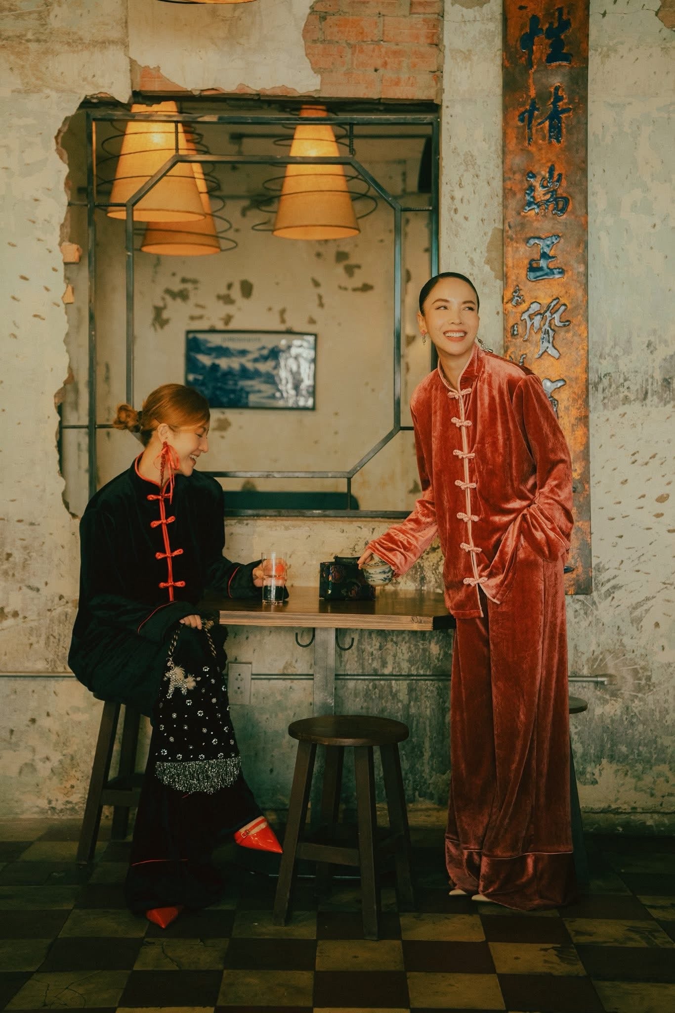 Vietnamese Ao Dai - Xuân Mãn” – Snow Velvet Set in Midnight Black - styled presentation in red by SY Design