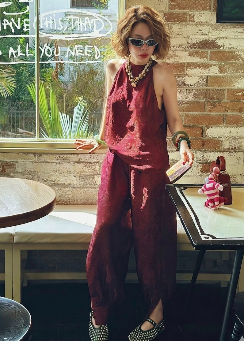 Empty Array - “Rosewood Ease” – Wormsilk Halter Top & Balloon Trouser Set in Rosewood - styled presentation in red by Natasa