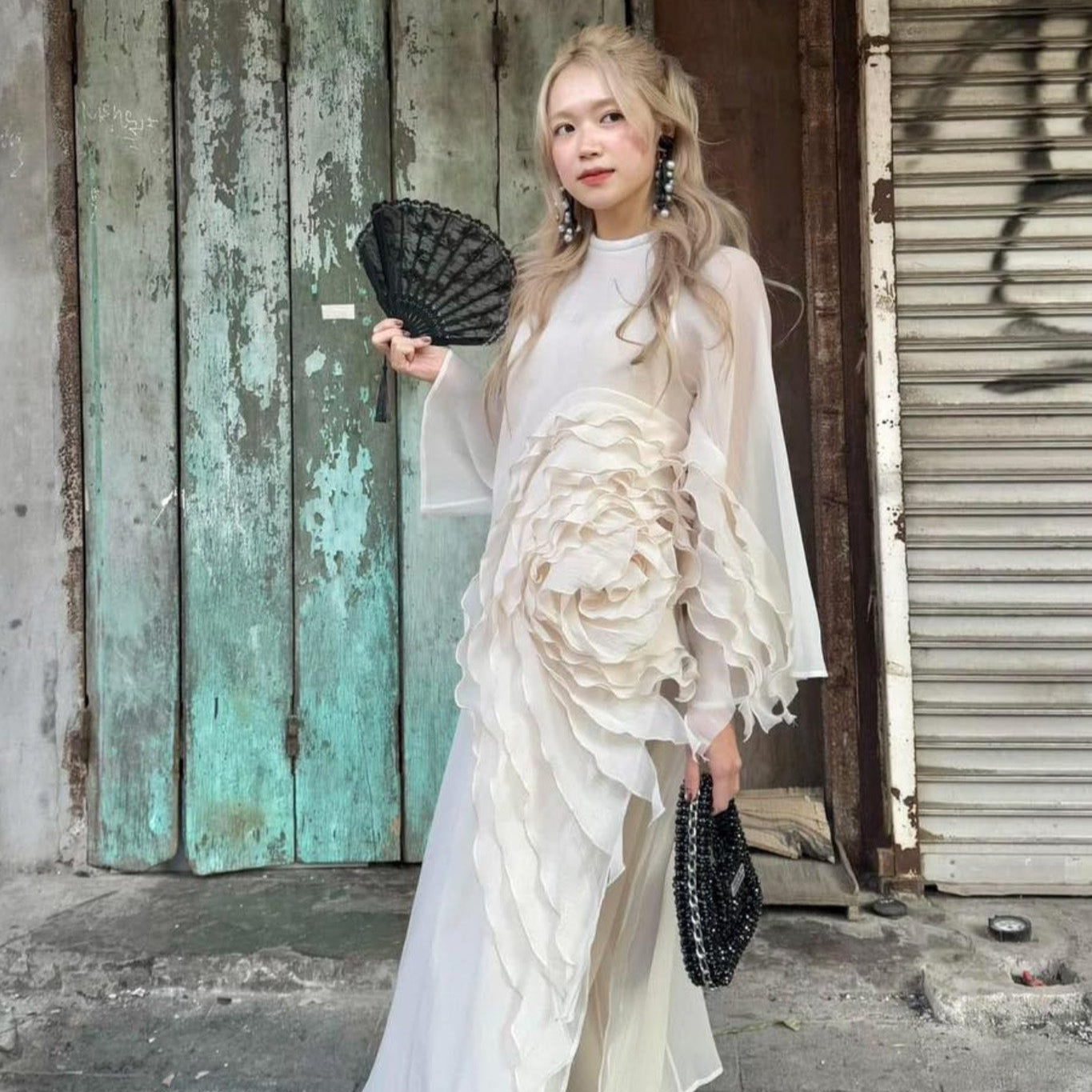 "Golden Splendor" Ao Dai by Das Levine in red and gold chiffon silk with modern floral pattern, traditional Vietnamese dress.