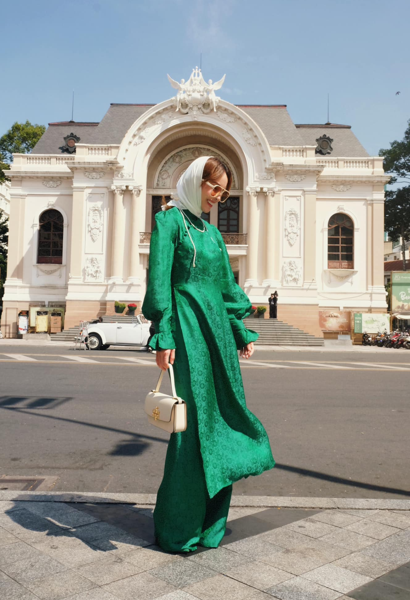 "Green silk 'Tang Bong' Ao Dai set with puff sleeves, traditional Vietnamese dress by SY Design"