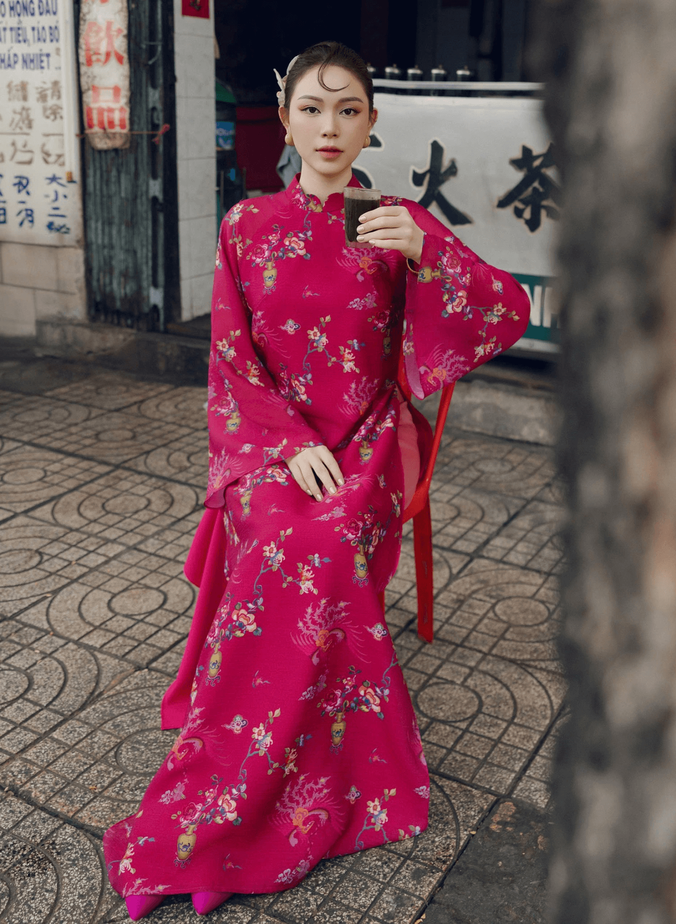 "Giang Chi Ao dai in magenta silk with floral print, traditional Vietnamese dress by Lalin"