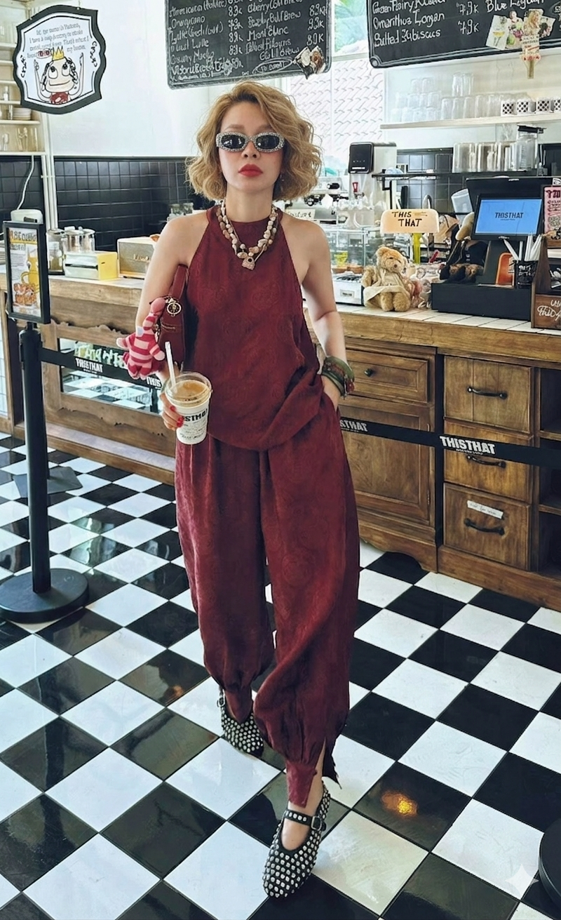 “Rosewood Ease” – Wormsilk Halter Top & Balloon Trouser Set in Rosewood - styled presentation by Natasa