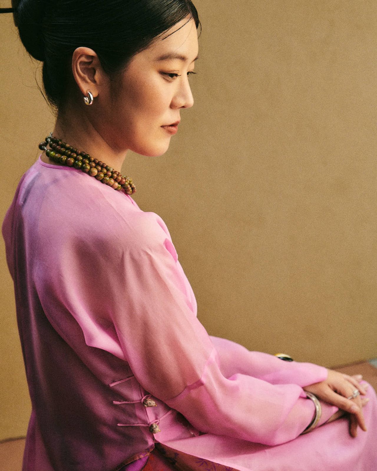 [Limited Edition] Azure Blossom Ao-dai Set - Luxury Dual-Layer Hand-Embroidered Organza and Silk Ensemble - side profile