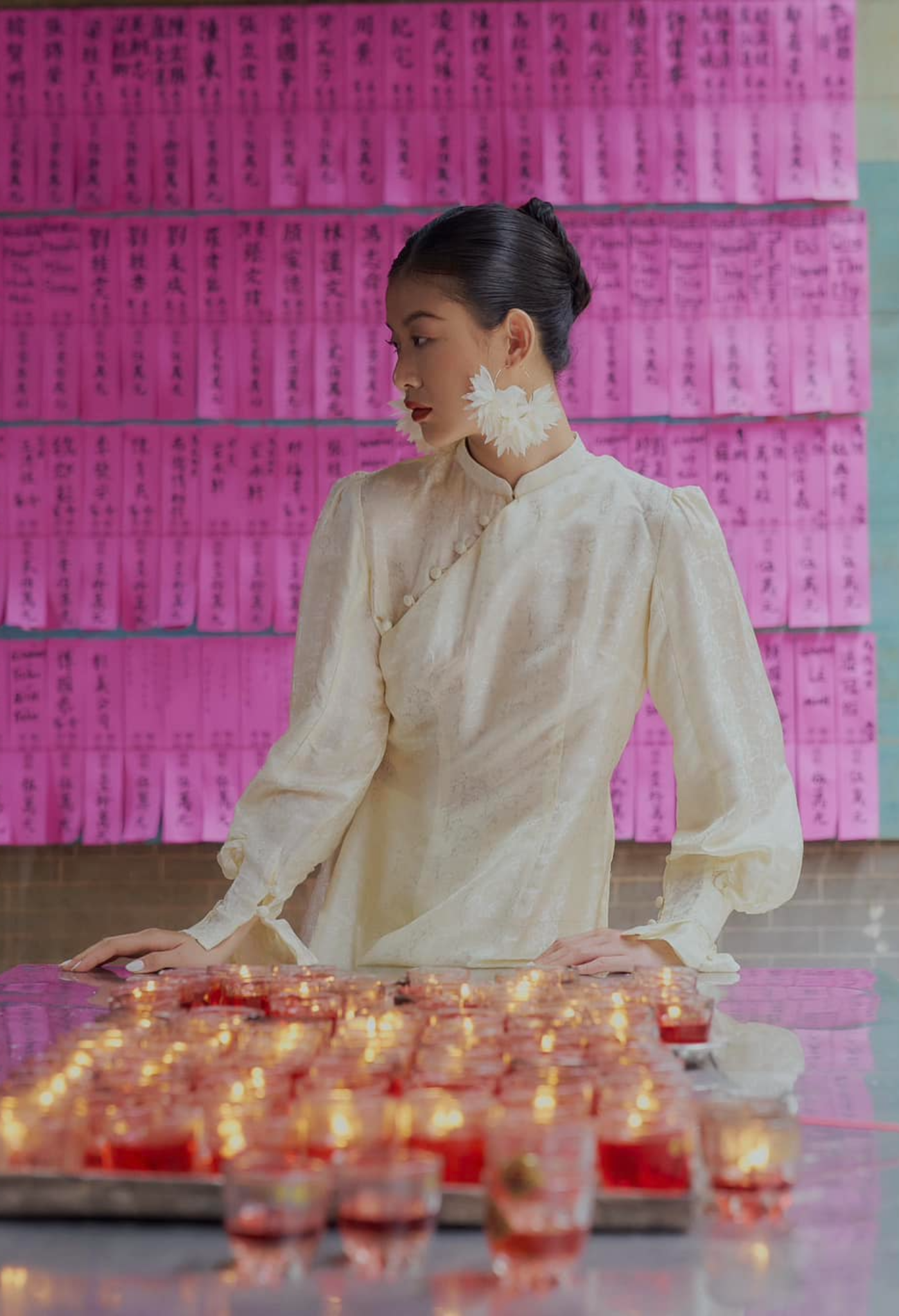 "Tang Bong Ao Dai Set in cream wormsilk with puff sleeves, traditional Vietnamese dress by SY Design."