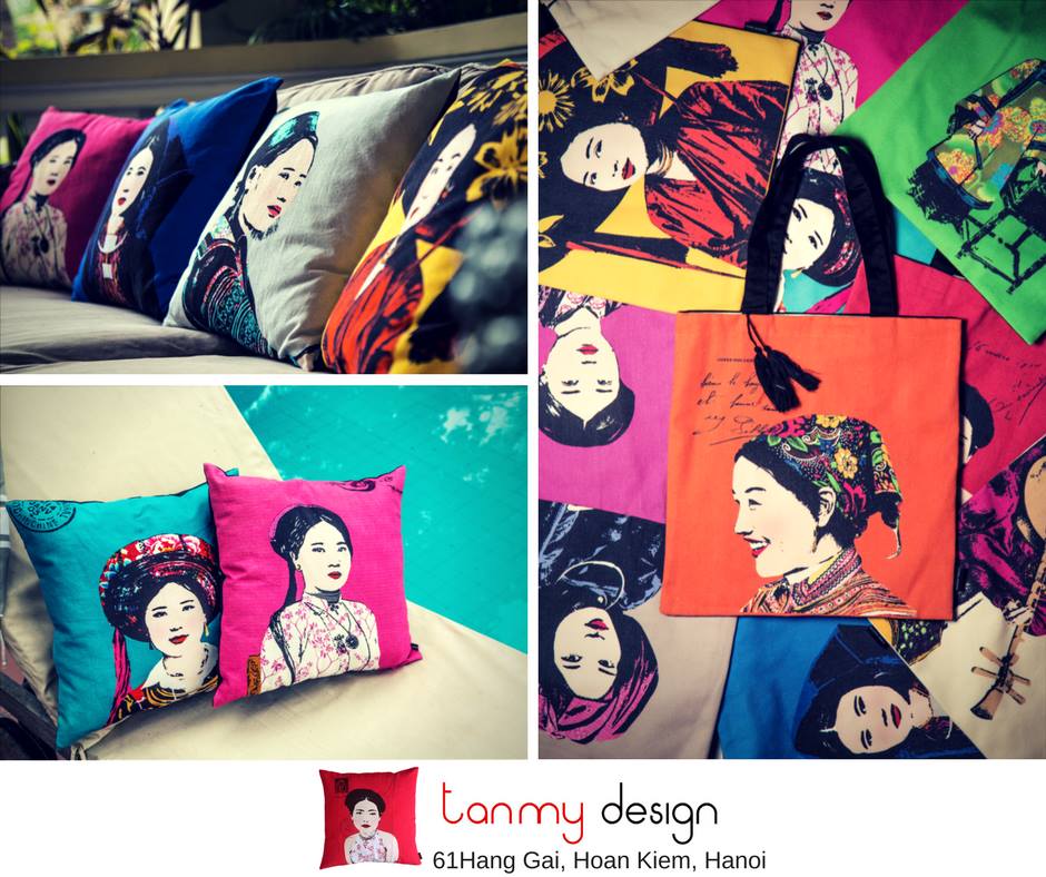 Vietnamese Ao Dai - Faces of Vietnam Cushion Covers - Blue tone - styled presentation in silk in red by Bat-trang