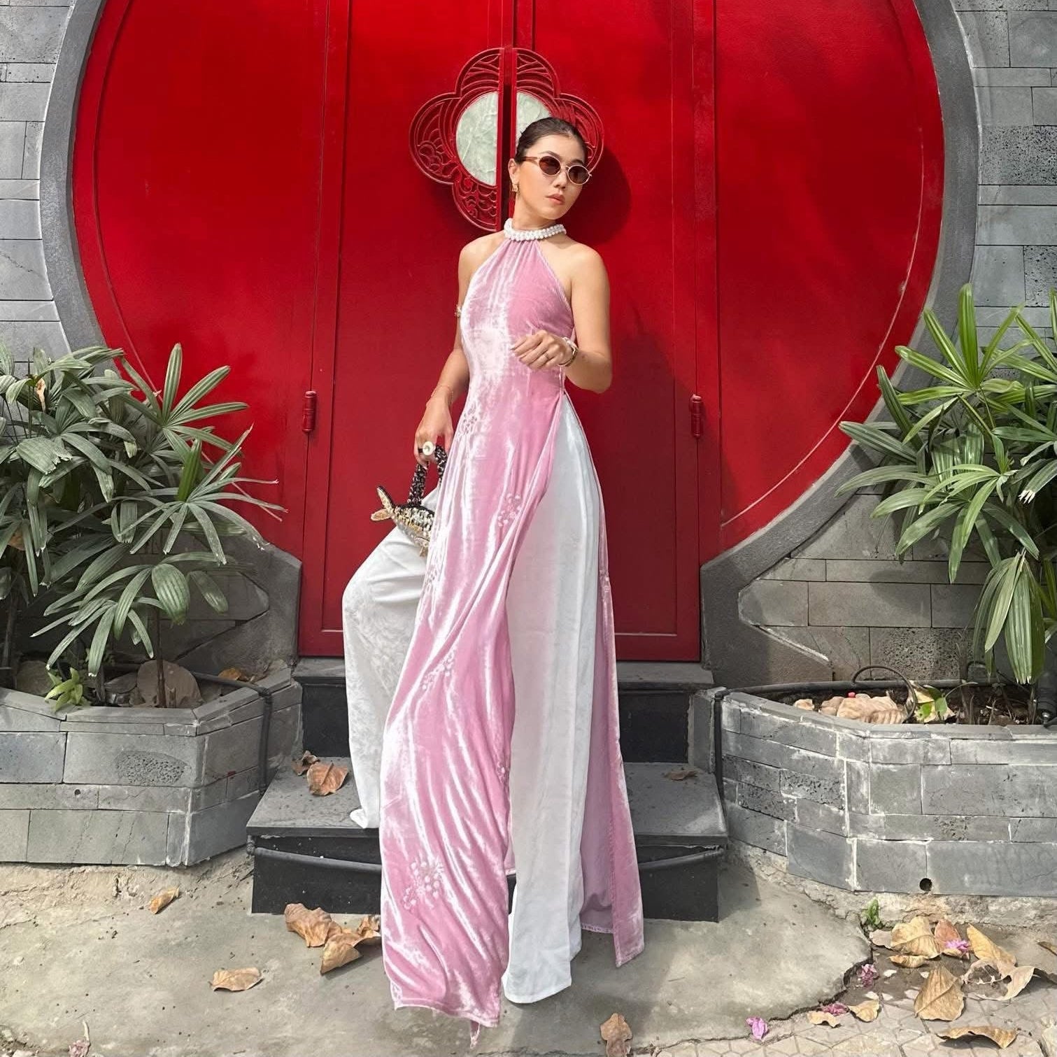 Moon Blush Ao Dài Set - Halter Neck with pearl embellishments and embroidery - front view by Saang