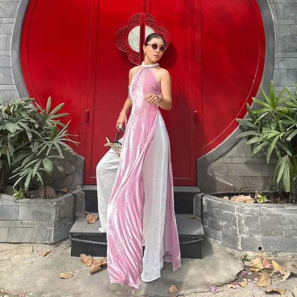 Moon Blush Ao Dài Set - Halter Neck with pearl embellishments and embroidery - front view by Saang