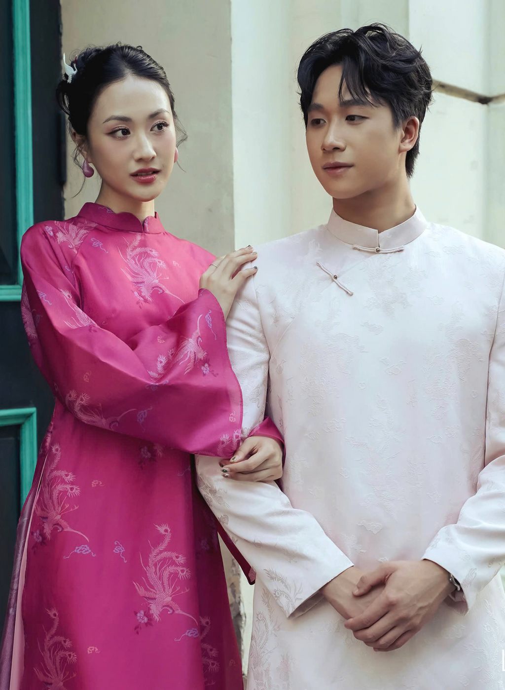"Thy Loan Ao dai Set by Lalin in magenta wormsilk, traditional Vietnamese dress"