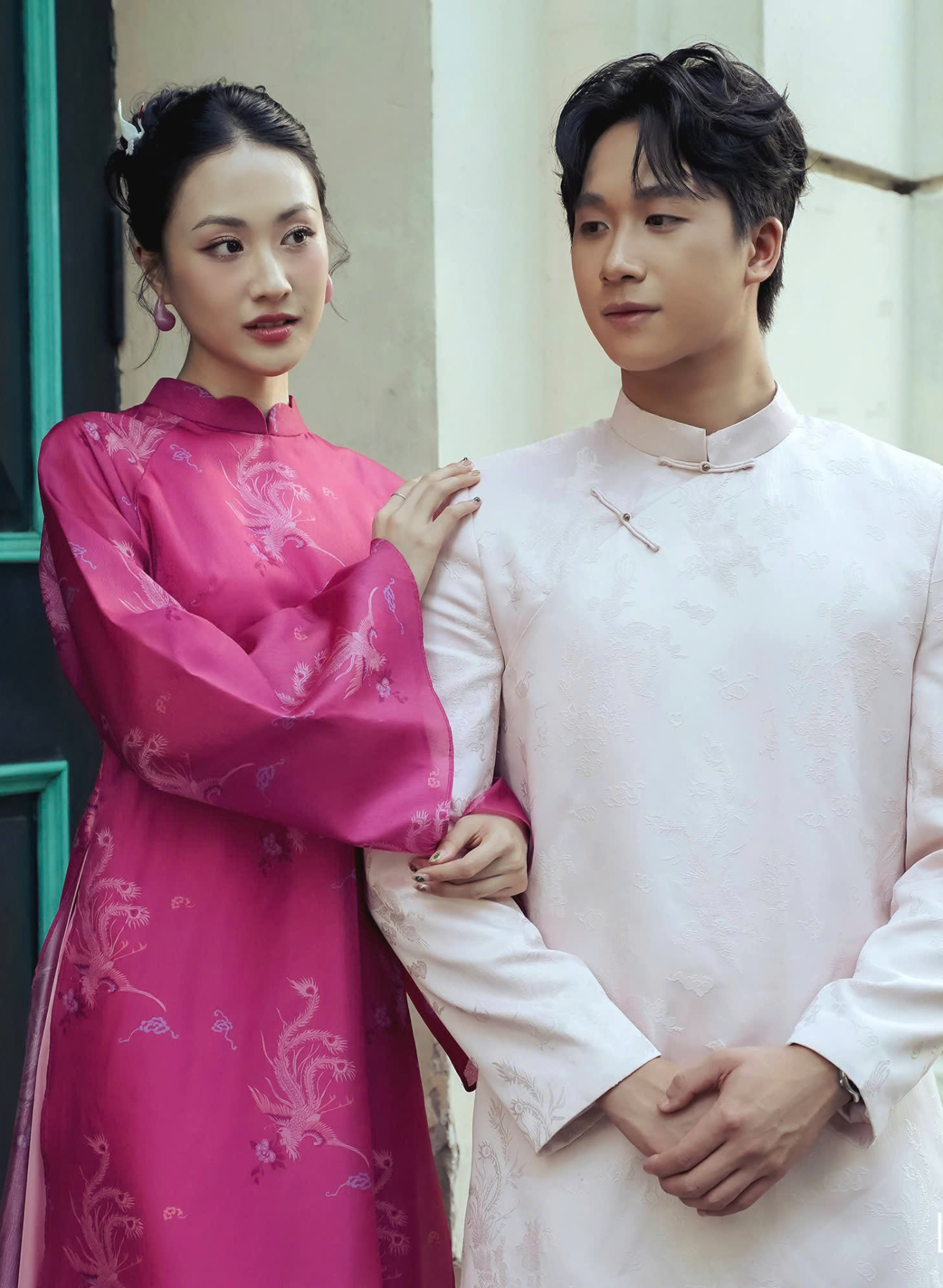 "Thy Loan Ao dai Set by Lalin in magenta wormsilk, traditional Vietnamese dress"