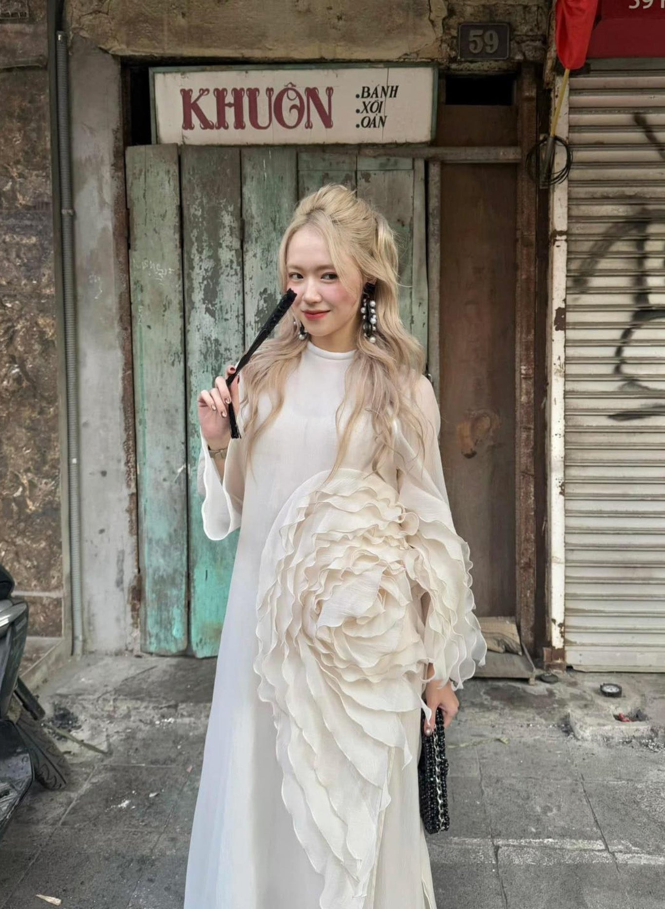 Golden Splendor - Limited Edition Chiffon Silk Ao Dai Set - detailed view highlighting fabric texture and quality by Das Levine at L'Orient Haus