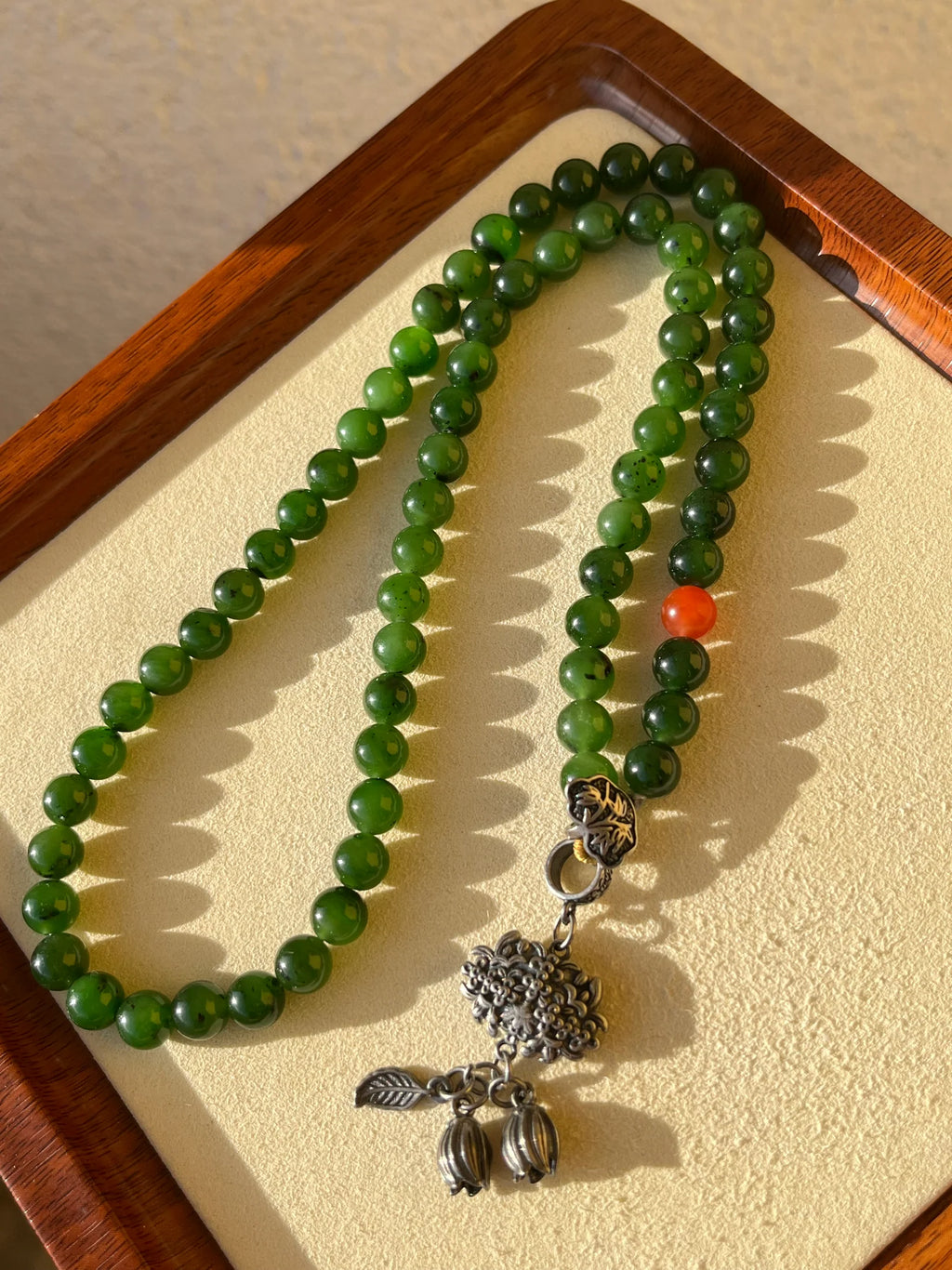 “Imperial Moss” – 8mm Green Hetian Jade Long Necklace | 和田老矿碧玉长链 - flat lay display by L'Orient Haus