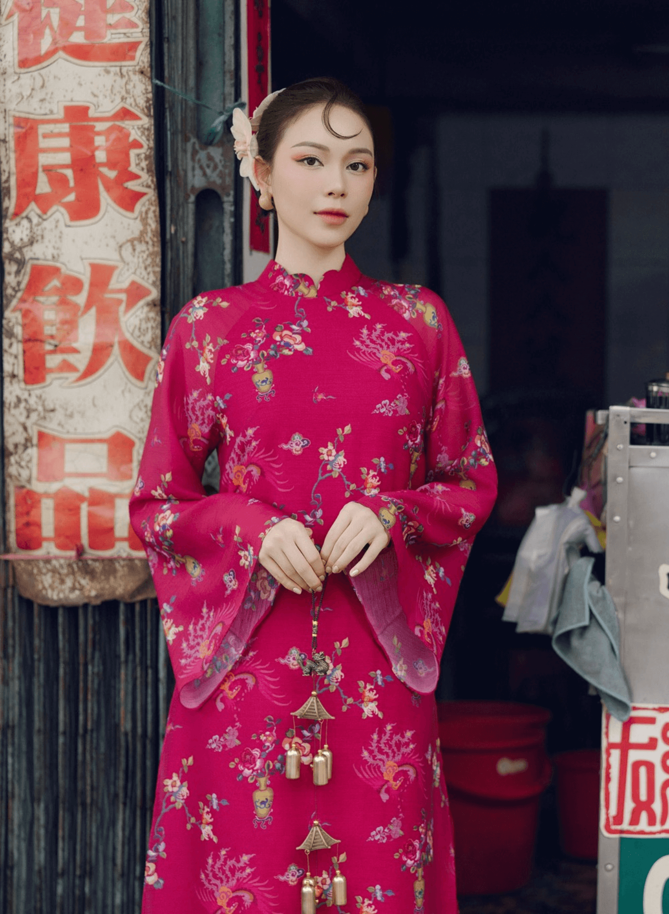 "Giang Chi Ao dai - Traditional Vietnamese dress in magenta silk with floral pattern by Lalin"