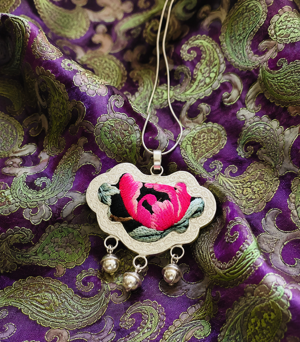 “Peony Blessing” – Miao Silver & Hand-Embroidered Pendant