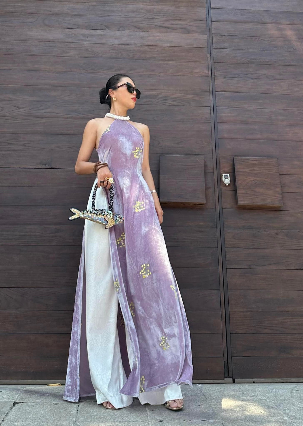 Velvet Blush Ao Dài Set - Halter Neck with pearl embellishments and embroidery - front view by Saang