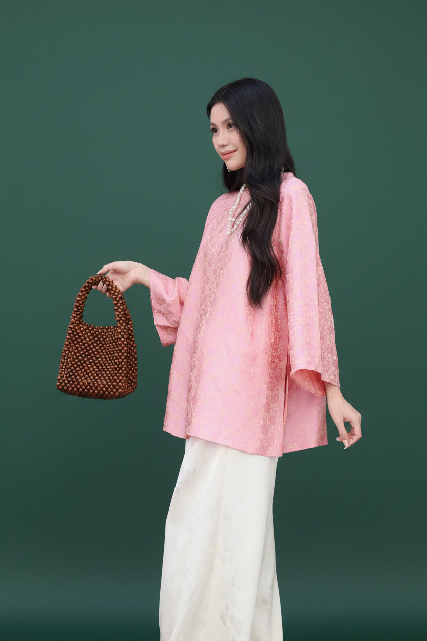 "Tra My" - Mandarin-neck Top - Natural wormsilk in Golden Peach