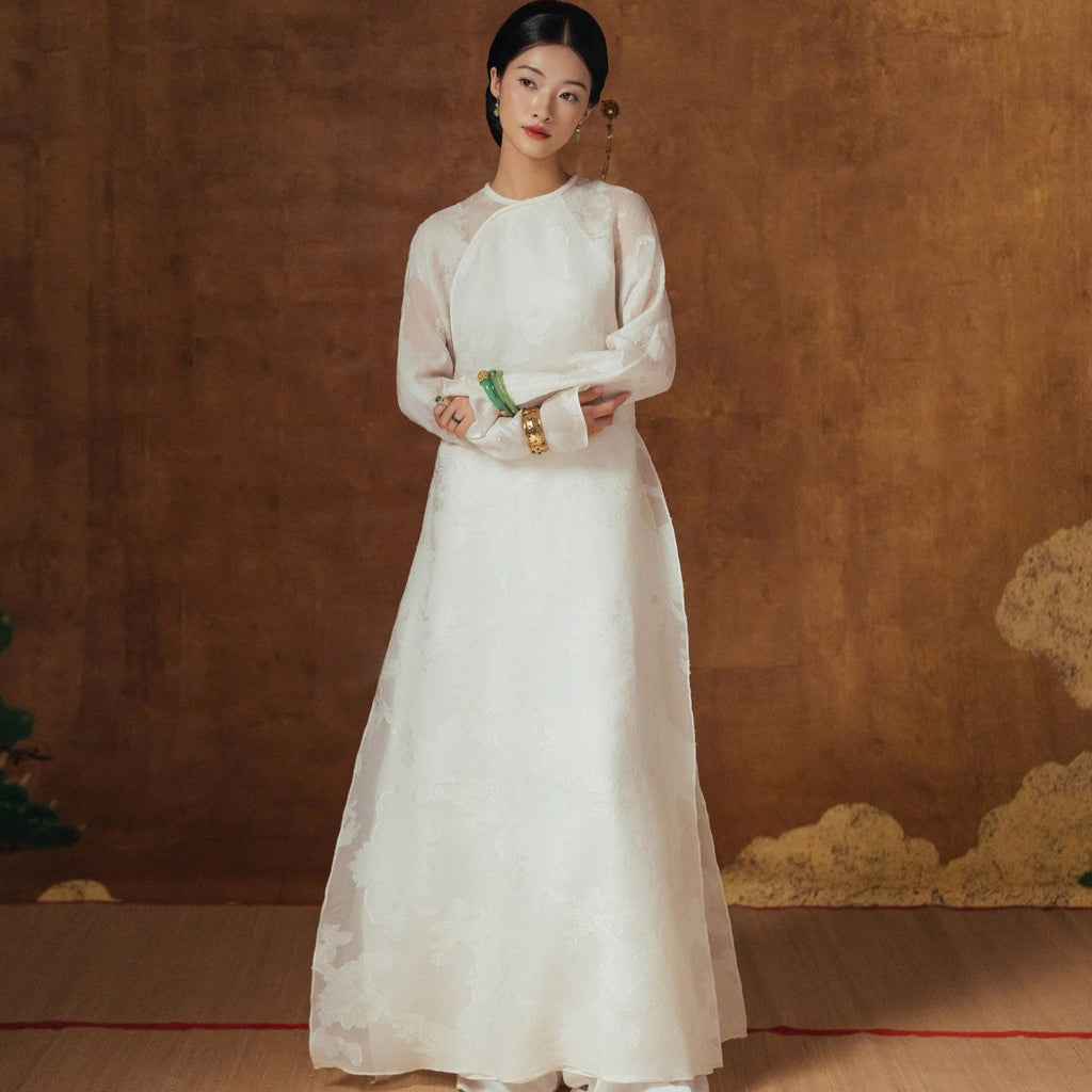 Tuyet Giao Ao-dai Set – Premium Double-layer Hand-Embroidered WormSilk in White [Wedding Collection] by Lalin - front view showcasing traditional Vietnamese áo dài design, premium Vietnamese silk clothing