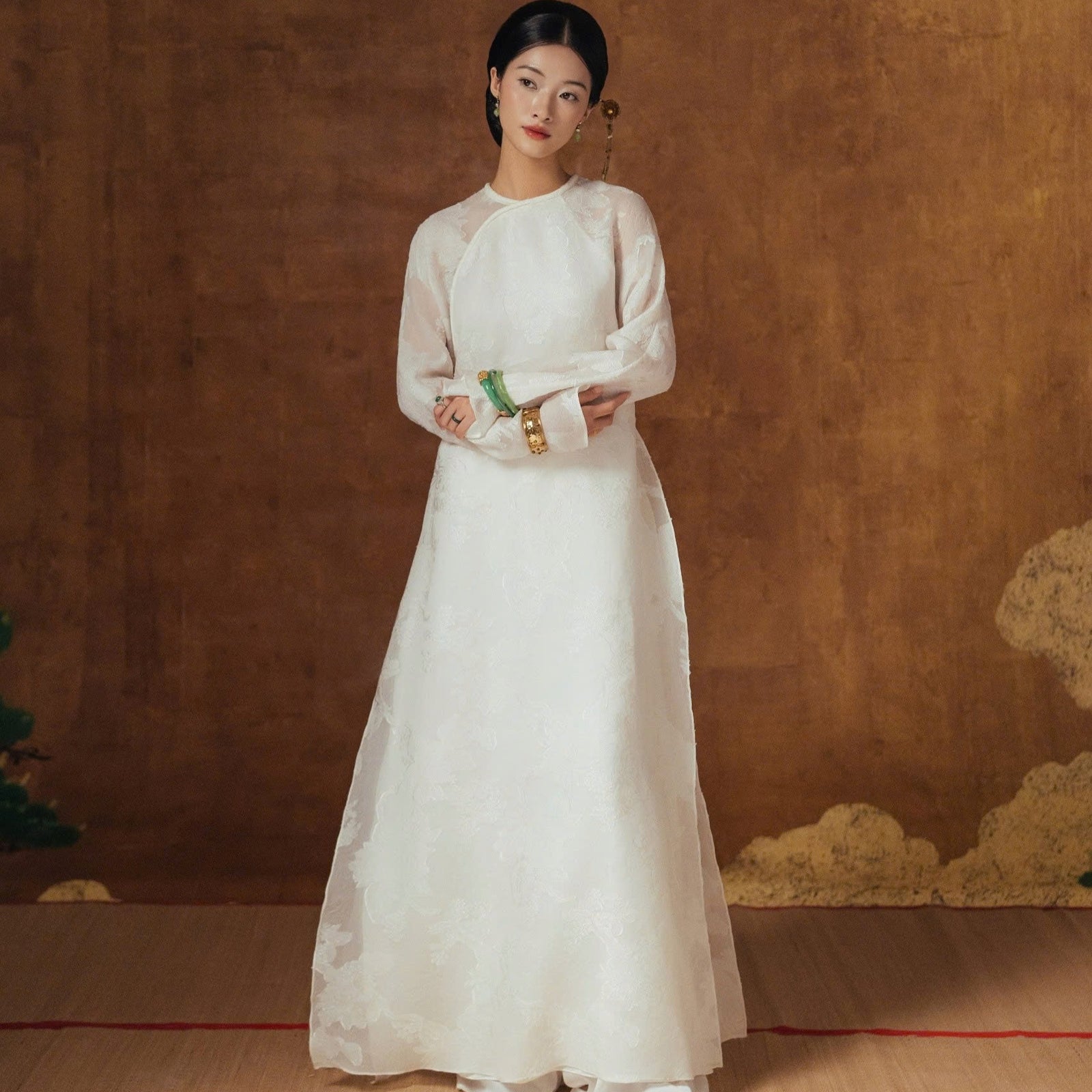 Tuyet Giao Ao-dai Set – Premium Double-layer Hand-Embroidered WormSilk in White [Wedding Collection] - front view by Lalin